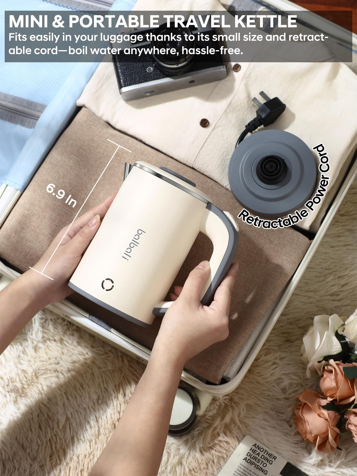 Portable Electric Kettle, 24oz Mini Travel Kettle for Camping & Office, 600W Fast Boiling, Compact Personal Small Kettle with Auto Shut-Off, Stainless Steel Interior, Beige