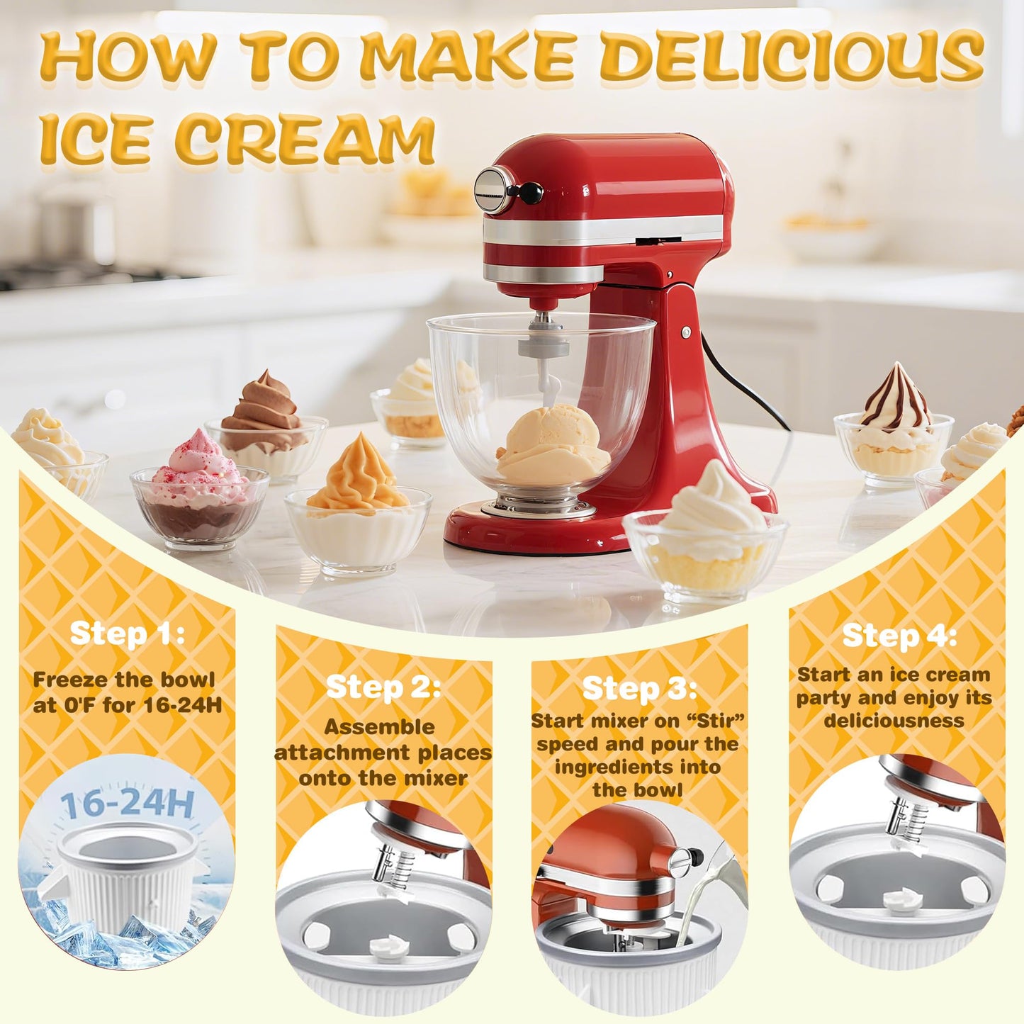 FOKIEE Ice Cream Maker Attachment for KitchenAid 4.5/5QT & 6QT Mixers, Frozen Ice Cream & Sorbet Gelato Maker for KitchenAid, 2 Quart, White, Not Dishwasher Safe