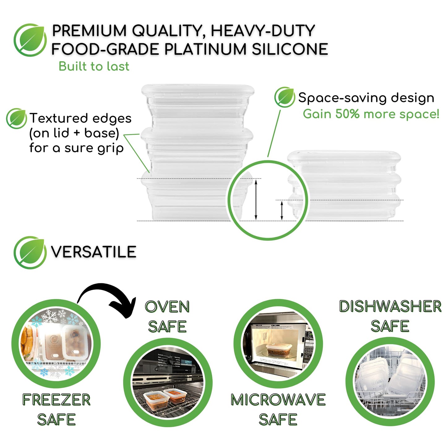 Premium Silicone Collapsible Food Storage Containers with Silicone Leakproof Lids, Platinum Food-Grade, BPA Free, LFGB Certified, Compact, Reusable Lunch Box, Microwave Safe, 4.9 Cups 3 Pk