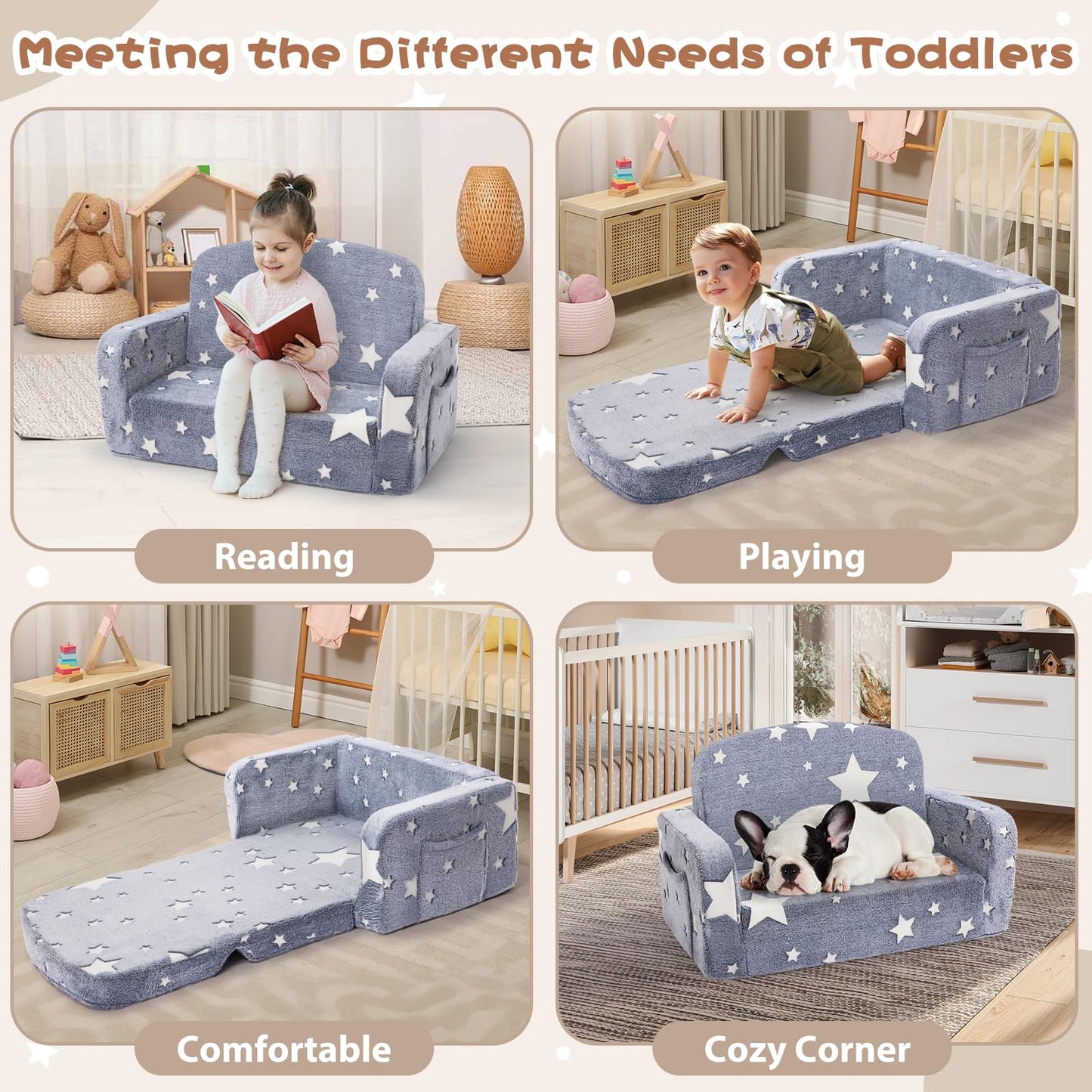 Foryoomi Extra Wide Kids Couch, 2-in-1 Soft Couch with Blanket, Glow in The Dark, Comfy Chair with Cloud Pillow, Convertible Sofa, Star