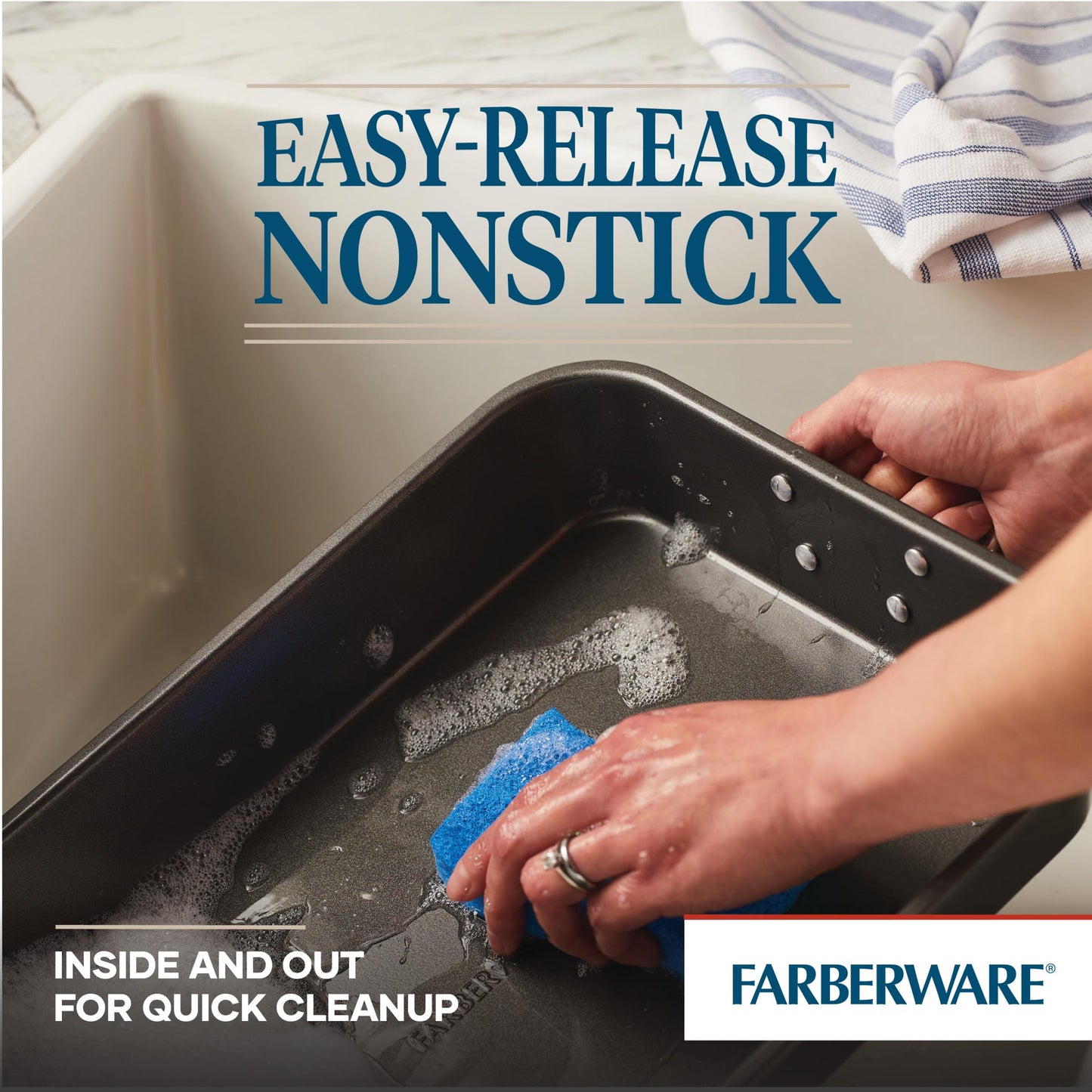 Farberware Bakeware Nonstick Roaster with Flat Rack, Roasting Pan with Rack For Home Cooking, 11-Inch x 15-Inch, Gray