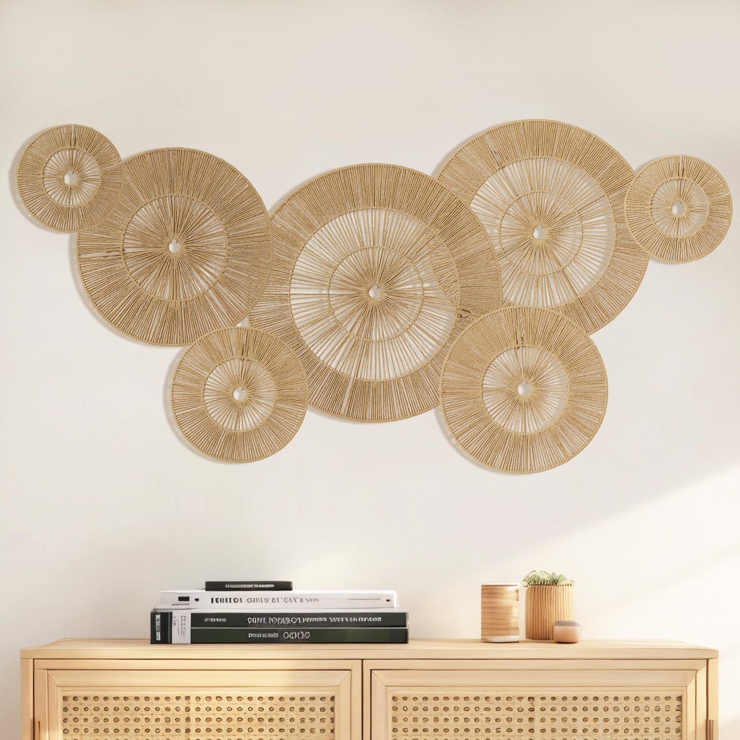 Mokof 7 Pack Boho Wall Baskets Decor Set (17", 15", 13", 11", 9", 7", 7") - Natural Paper Rope Round Wall Art for Living Room, Bedroom, Dining Room, Bohemian Home Decor - - Versatile Wall Arrangements (Neutral Brown)