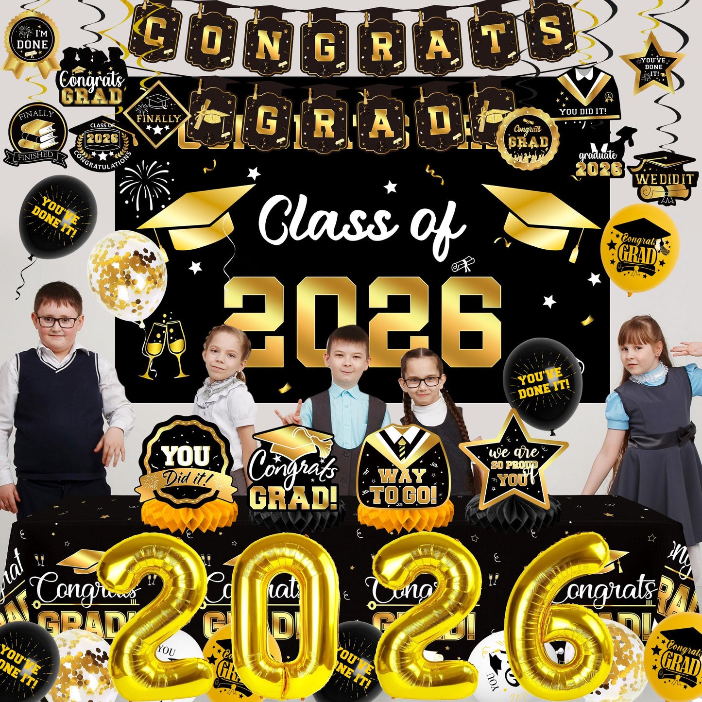 DMIGHT Graduation Decorations 2026, Class of 2026 Backdrop, Banner, 2026 Foil Balloons, Tablecloth, Hanging Swirls, Honeycomb Centerpieces, Party Supplies Decorations Set for College (Black ang GOLD)
