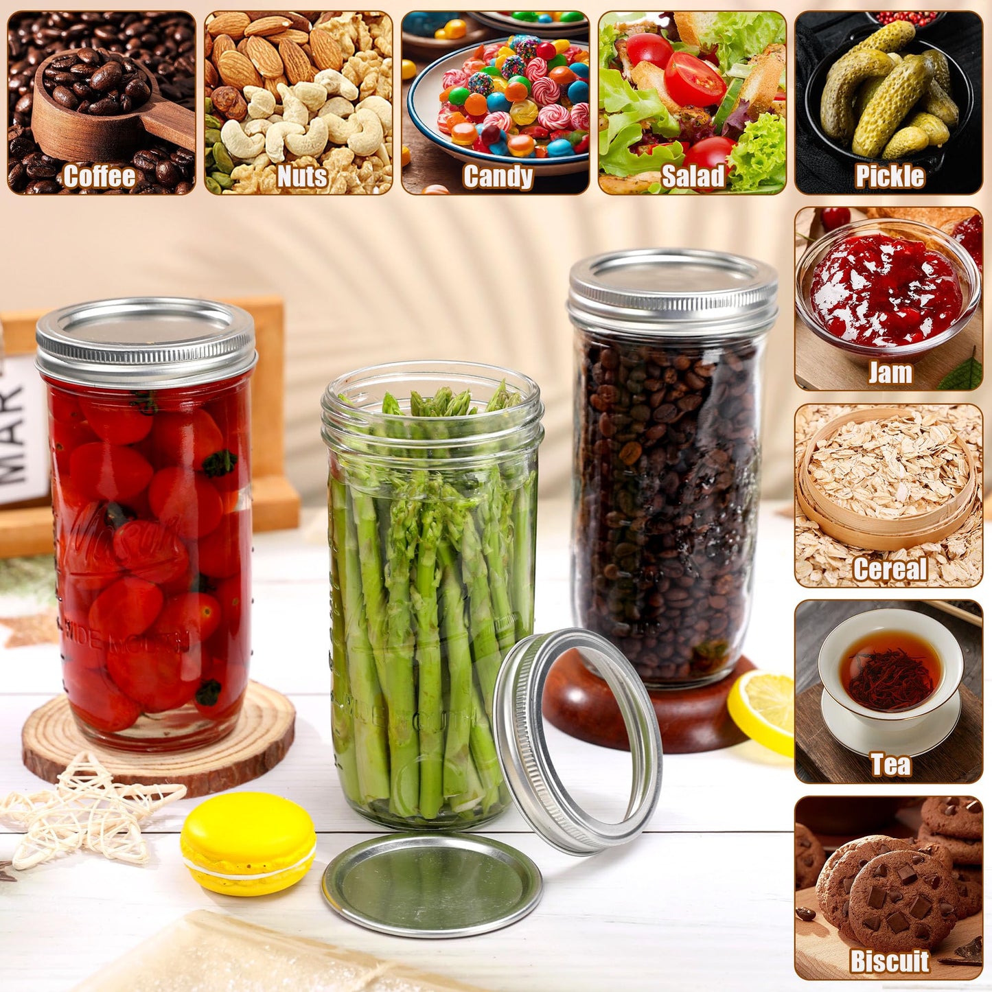 Jeitae 24oz Wide Mouth Mason Jars – 4 Pack Reusable Glass Mason Jars with Airtight Lids for Canning, Pickling, Food Storage, Jam, Jelly, DIY Crafts – Dishwasher Safe