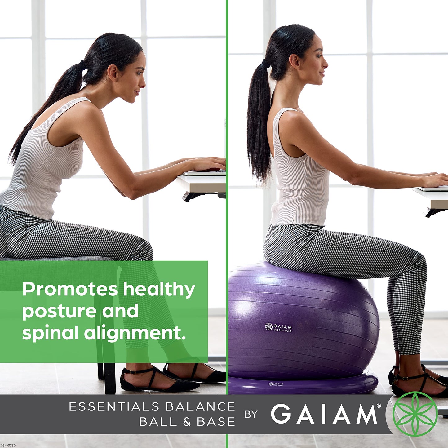 Gaiam Essentials Balance Ball & Base Kit, 65cm Yoga Ball Chair, Exercise Ball with Inflatable Ring Base for Home or Office Desk, Includes Air Pump - Grey