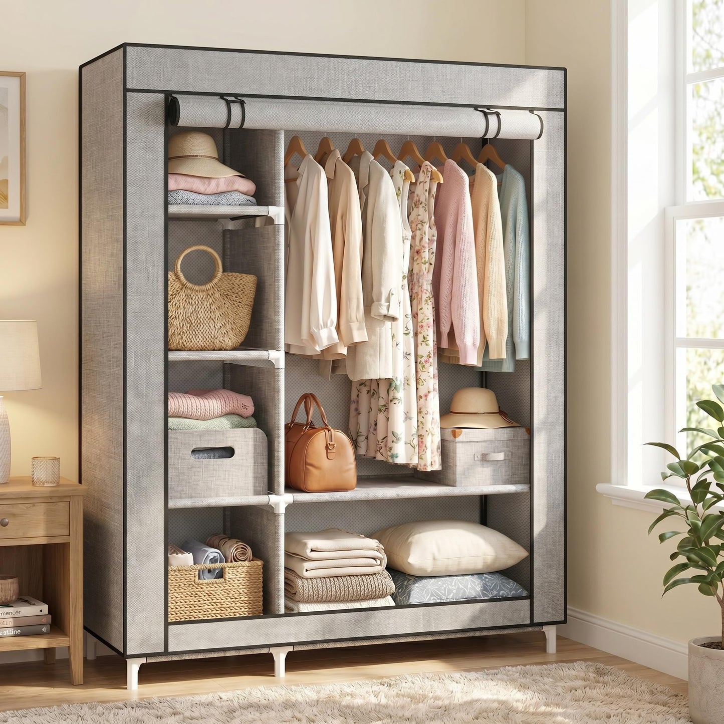 Calmootey Portable Closet Organizers, Clothing Storage, Wardrobe with 6 Shelves and Hanging Rod, Non-Woven Fabric Cover with 4 Side Pockets, Ash Grey