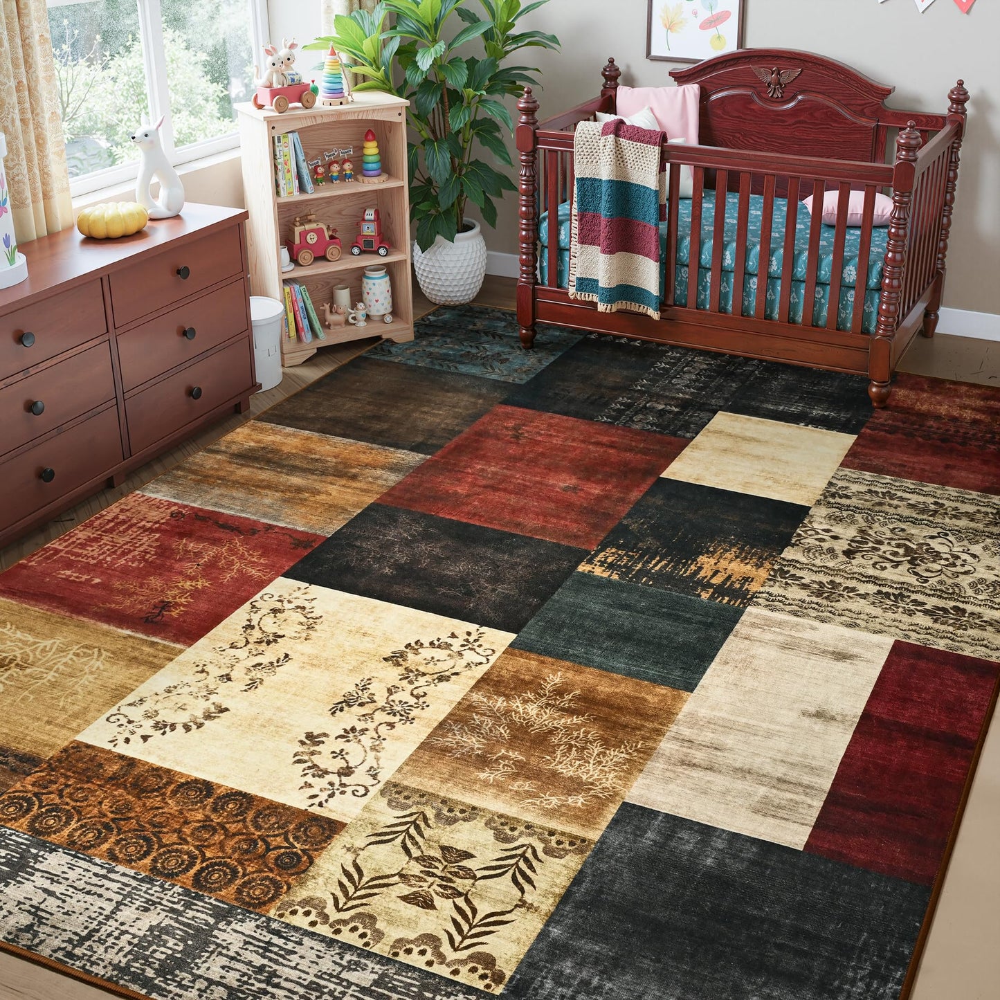 Tepook Modern Area Rug for Living Room, 5x7 Geometric Large Rugs for Bedroom, Washable Patchwork Rug Indoor Non-Slip Throw Carpets for Dining Room Office Farmhouse Home Decor, Multi