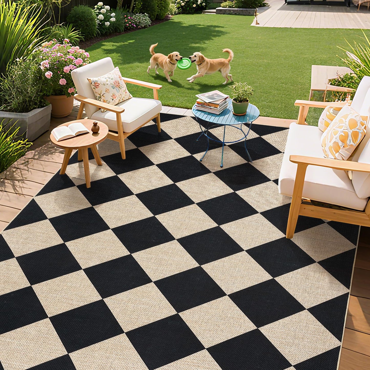 GarveeHome Checkered Easy Jute 5x7 Area Rugs for Living Room Machine Washable Non-Slip Backing Stain Resistant Modern Indoor Outdoor Rugs for Farmhouse Dining Room Patio Black