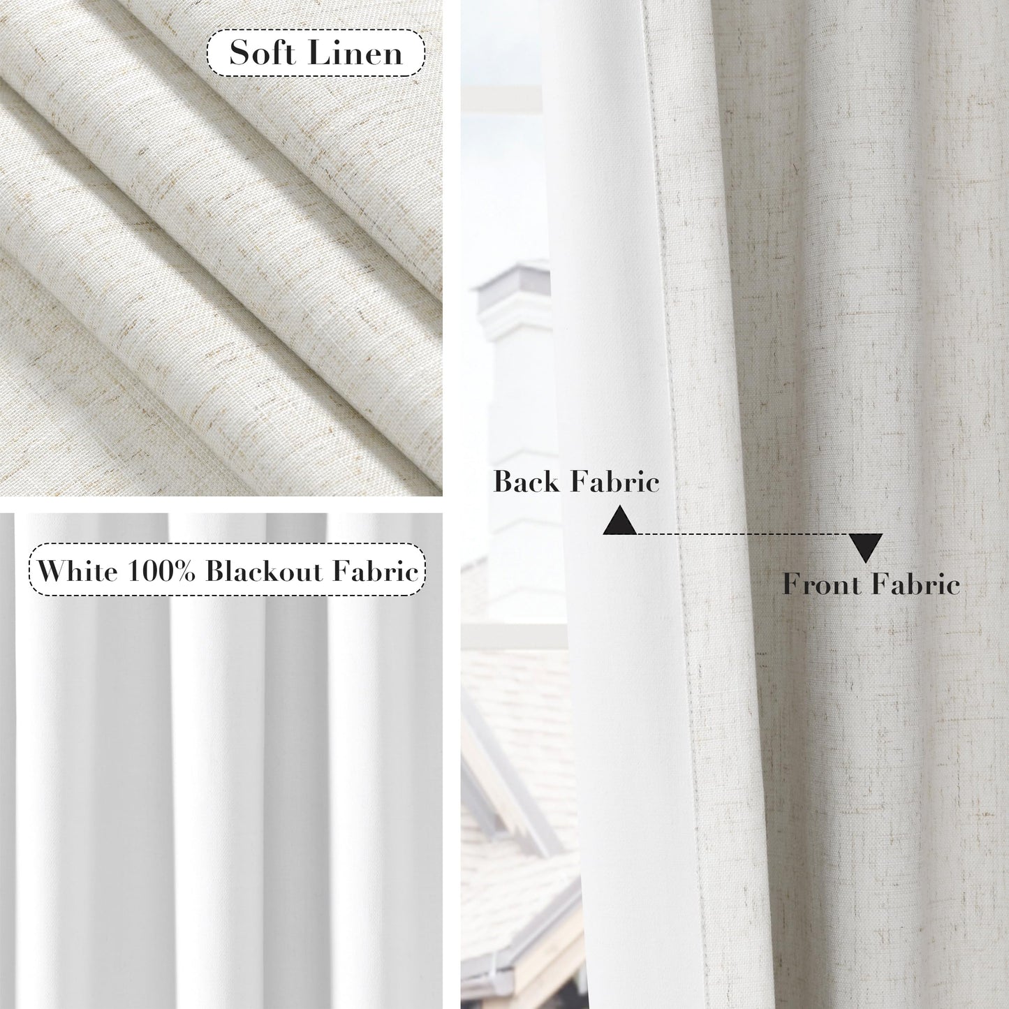Joywell 100% Blackout Linen Curtains 84 Inch Long for Bedroom Natural Black Out Curtain Back Tab Hook Belt Room Darkening Drapes with Hooks for Living Room Window Cream Ivory 2 Panel,52 x 84