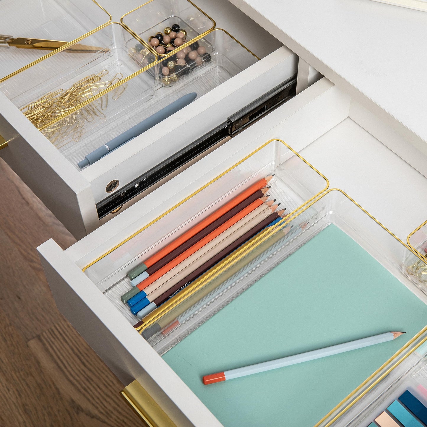 Martha Stewart Kerry Plastic Stackable Office Desk Drawer Organizers, Set of 8, with Gold Trim