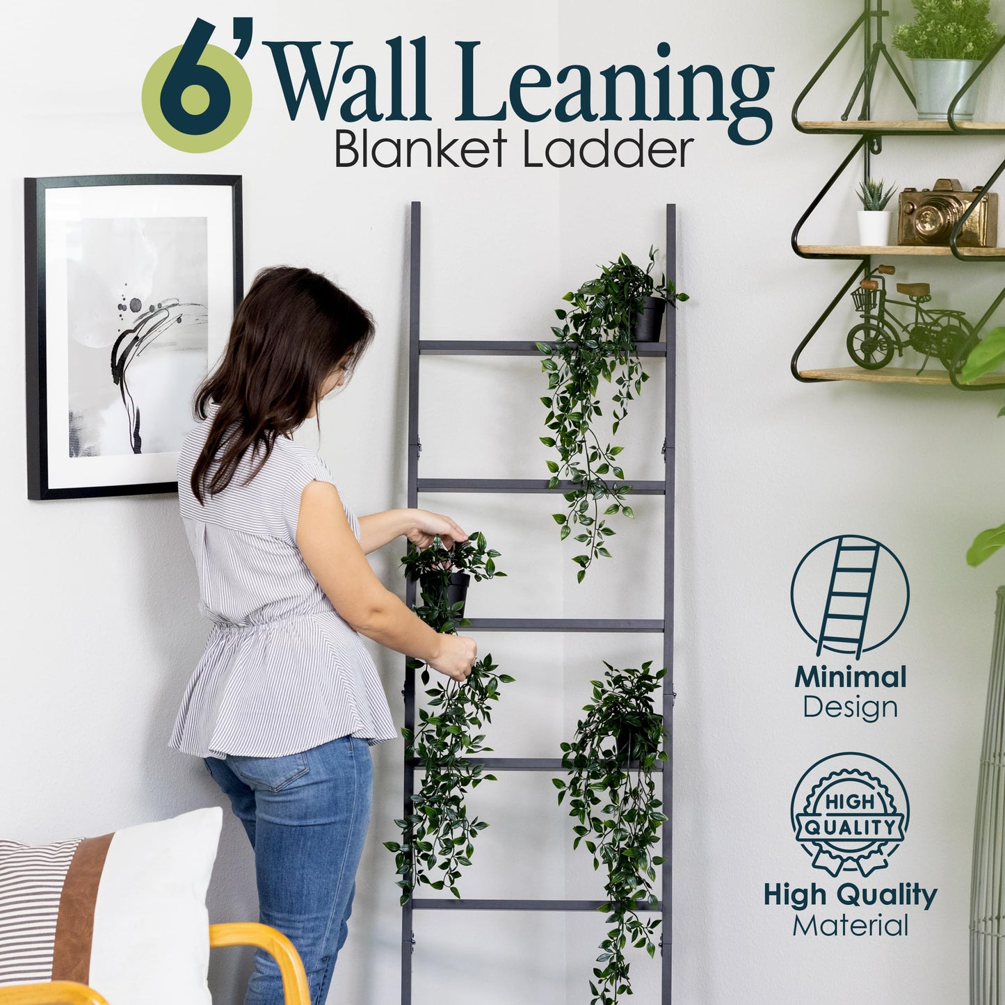 Blanket Ladder for The Living Room and Bedroom, 5ft 8 inch, 6-Tier Wall Leaning Laminate Snag Free Material (Black) Rustic Decorative Farmhouse Blanket Holder Rack, Quilt Rack Shelf, Easy Assembly