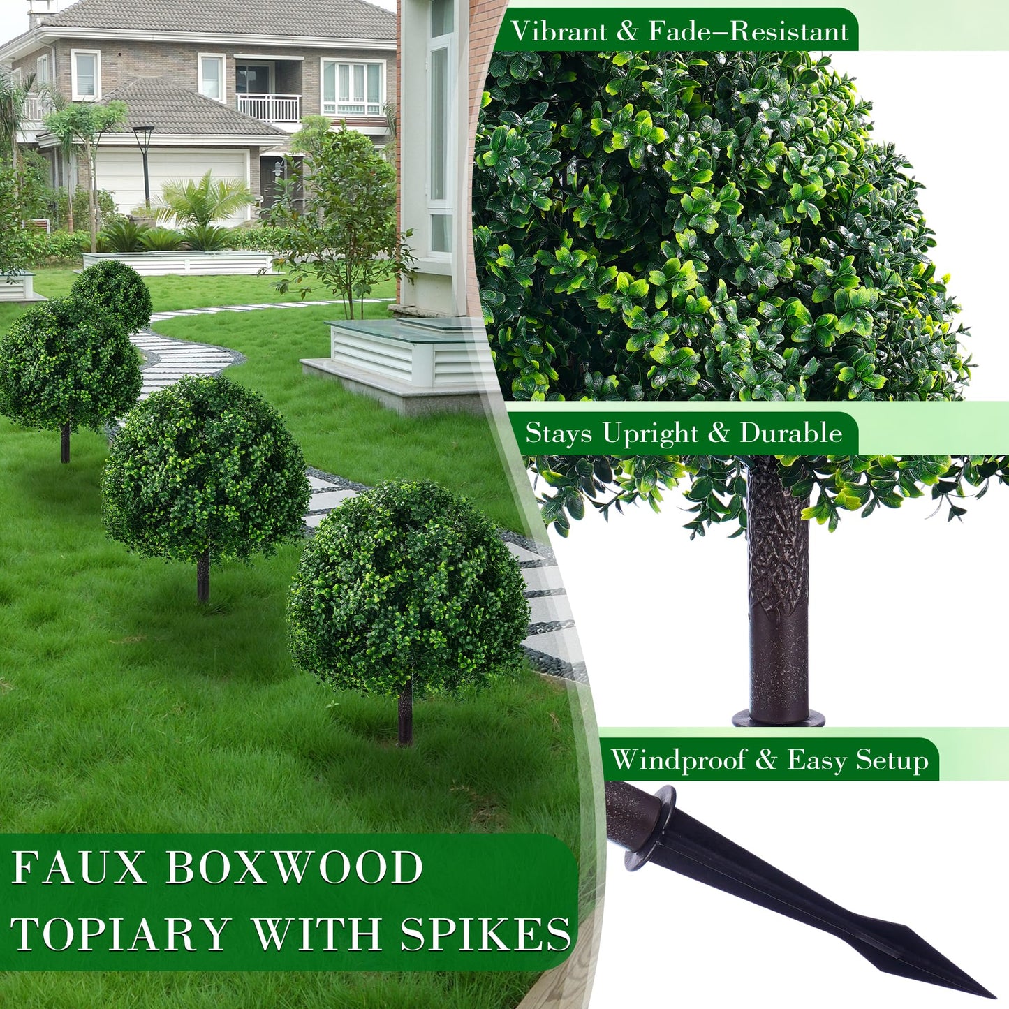 24'' Artificial Boxwood TopiaryTree, Faux Boxwood Plants Shurbs with Spike, 2 Set Topiary Ball Tree Waterproof UV Resistant Fake Pot Filler Plants for Planter Porch Home Outside Garden Spring Decor