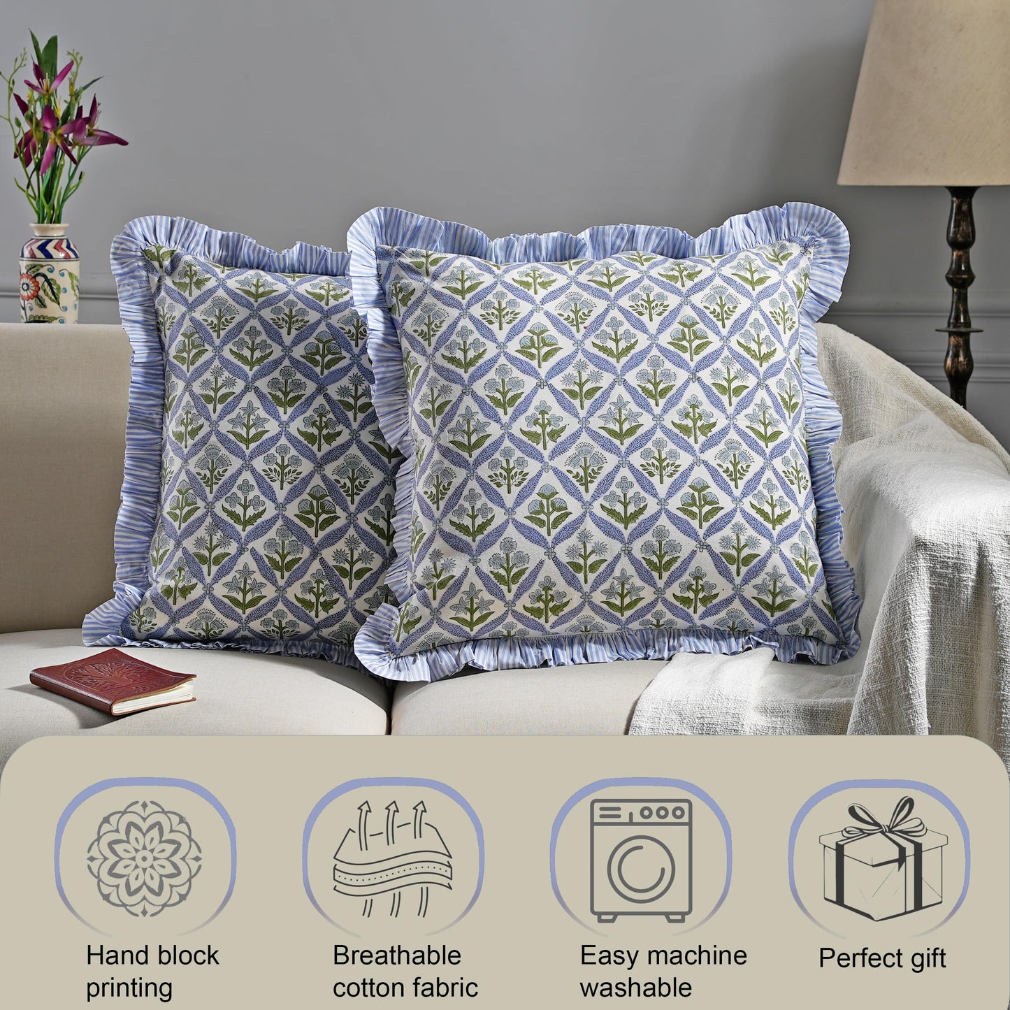 Ridhi Block Print Light Steel Blue Throw Pillow Cover 18" x 18" (Pack of 2) Decorative Cushion Covers with Ruffle for Couch, Sofa, Bed, Living Room, Home Decor Gift for Spring, Easter, Valentine