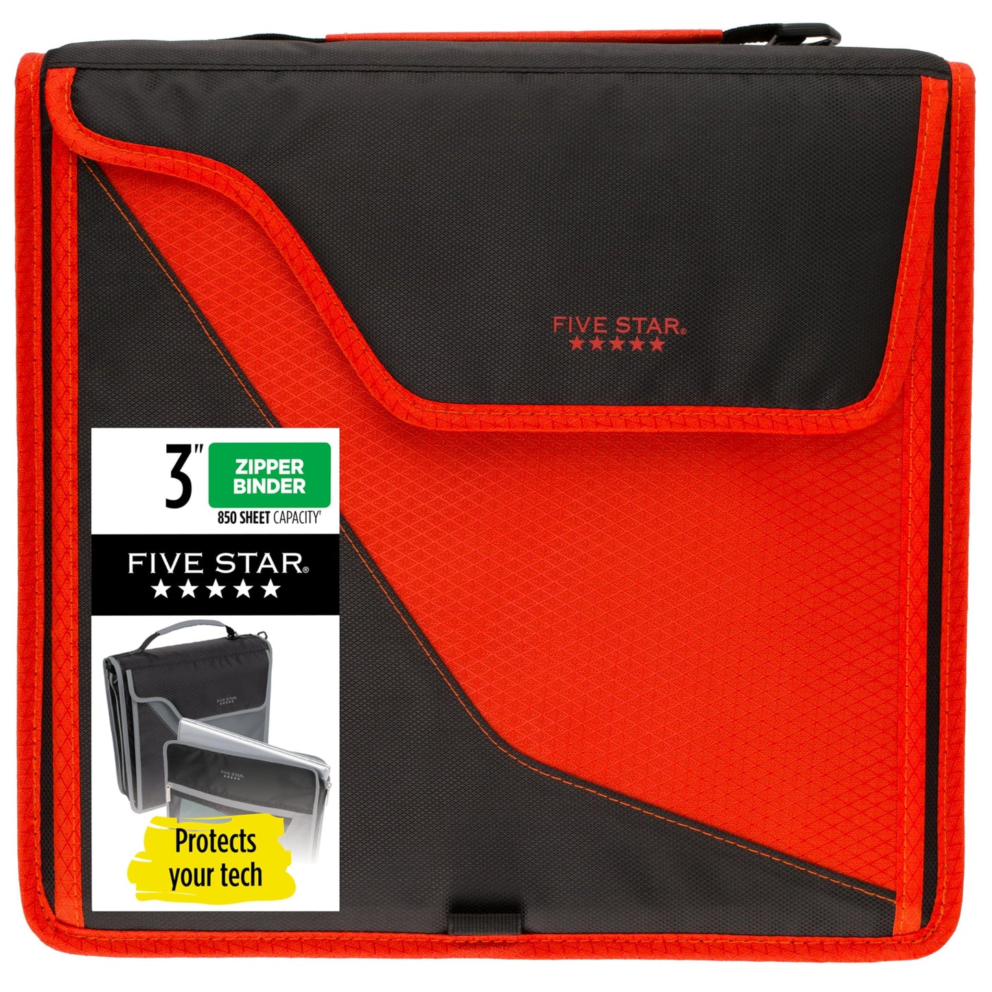 Five Star Zipper Binder, 3 Inch 3-Ring Binder with D Rings, Removable Padded Case, 5-Tab Expanding File and Multi-Use Strap, 850 Sheet Capacity, Red/Black (29296CE8)