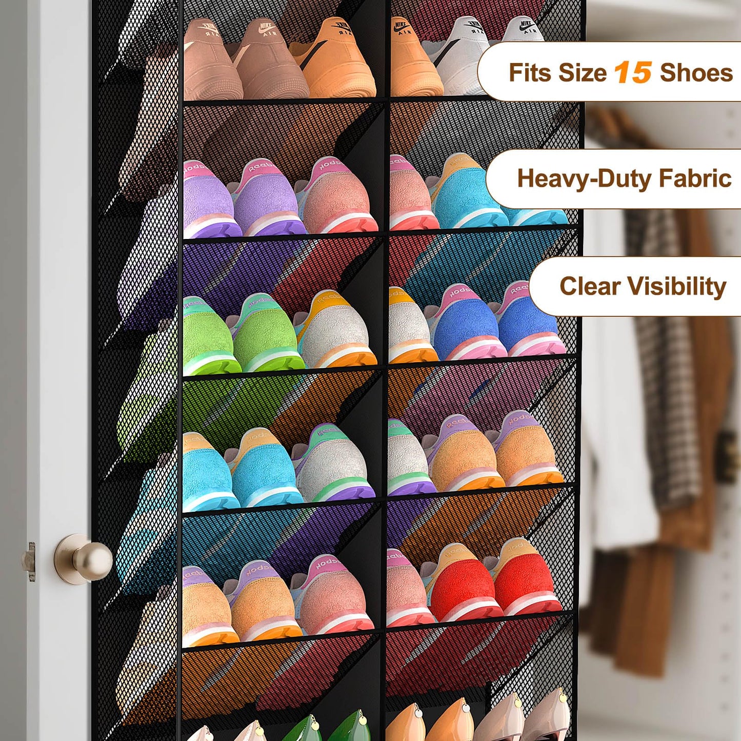 UVIAHOMI 20-30 Pairs Over the Door Shoe Organizer, Breathable Pocket Hanging Shoe Storage for Closet, 10-Tier Door Shoes Rack, Handing Shoes Holder Fit All the Family's Sneakers, Boots, Heels, Black