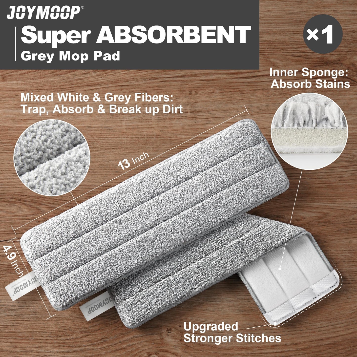 JOYMOOP Flat Mop and Bucket System, Microfiber Mop for Floor Cleaning, White, Suitable for Hardwood, Tile, Laminate and Vinyl Floors, 50" Mop with 1 Microfiber Pad