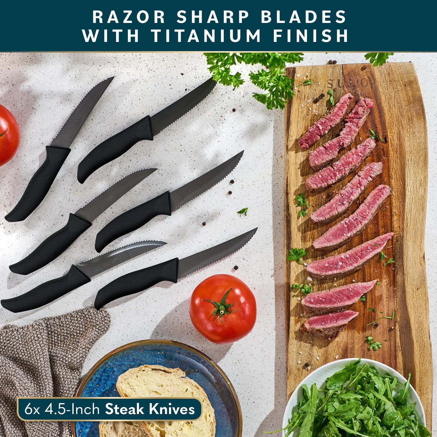 Home Hero Kitchen Knife Set - 15 PCS Black Knife Set with Block and Sharpener - Stainless Steel Knife Set - Ergonomic Handles - Includes Steak Knives Set of 6 - Knife Block Set for Kitchen