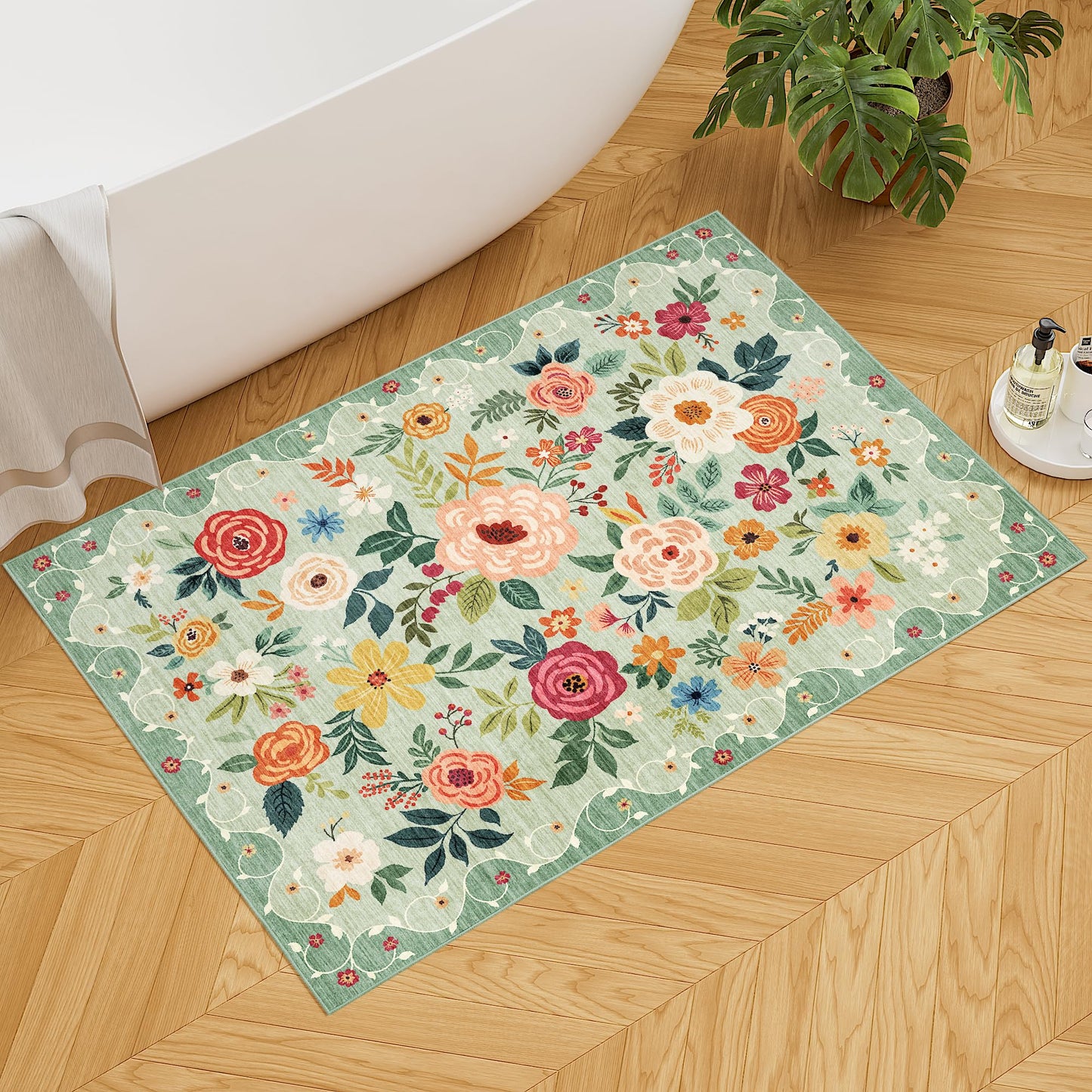 DUKINO 2x3 Rugs for Entryway, Floral Indoor Washable Front Door Mat, Non Slip Boho Small Carpet, Soft Low Pile Throw Rug for Entrance, Bedroom, Kitchen, Laundry, Bathroom, Green