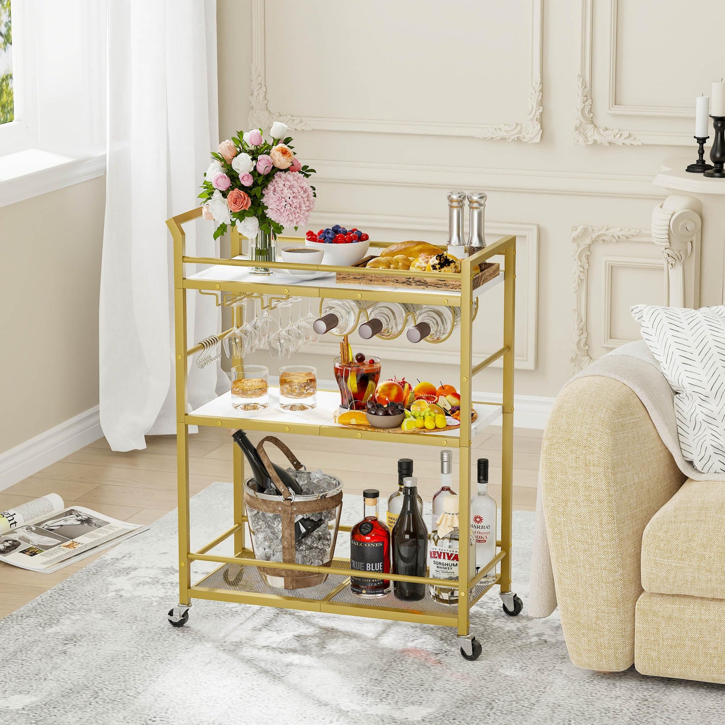 YAUKTAK 3 Tier Bar Cart, Small Beverage Cart, Mini Bar Cart with Wine Rack, Compact Mini Bar Cart - Please Refer to the Exact Dimensions for Usage Matching Dimensions: 22" W × 13" D × 35.8" H GBC507G