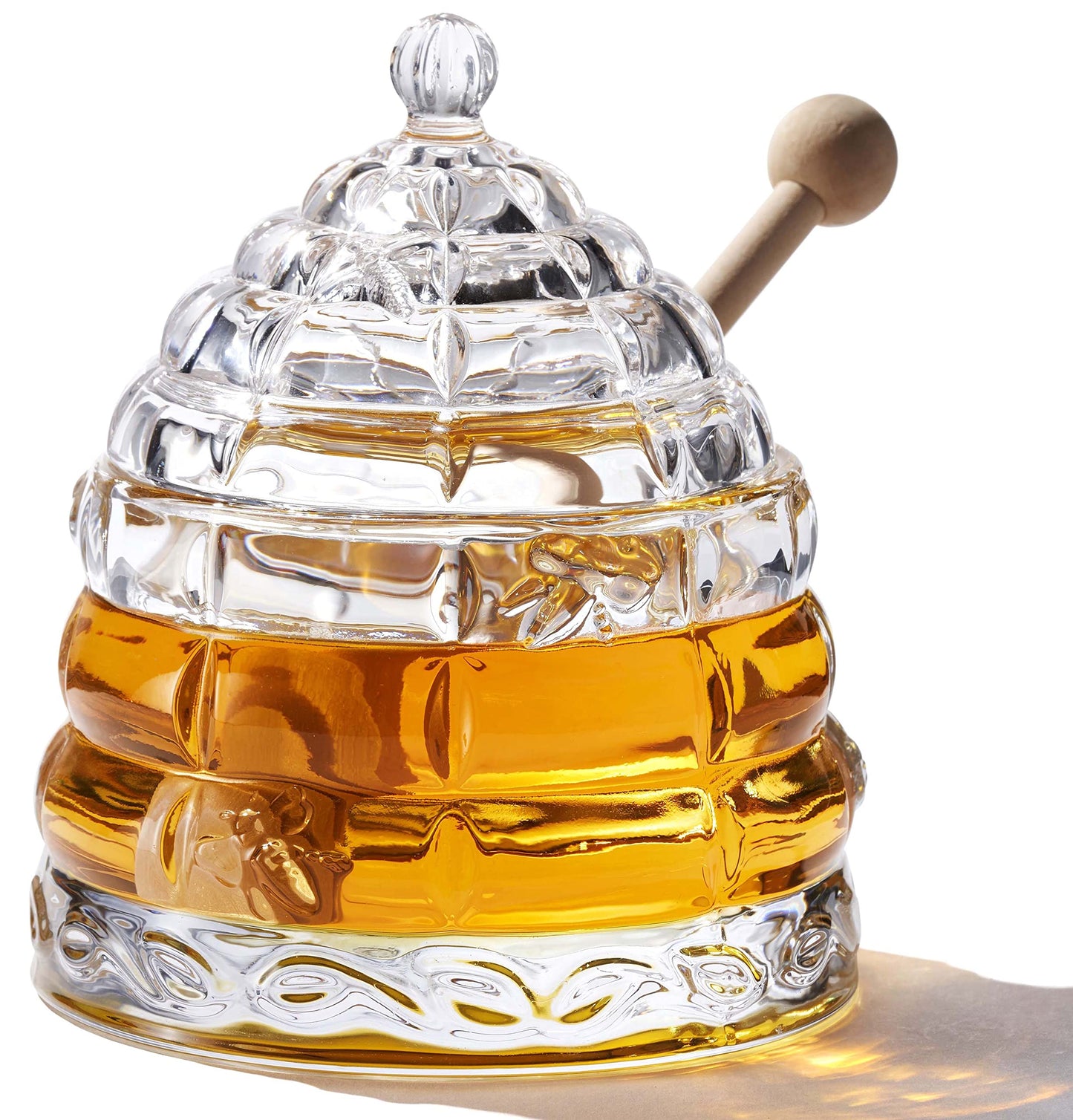 PAULSWAY 9 oz Beehive Crystal Honey Pot with 2 Dipper Sticks - Elegant Glass Honey Jar with Lid, No Drip Honey Dispenser & Syrup Container for Home Kitchen Decor