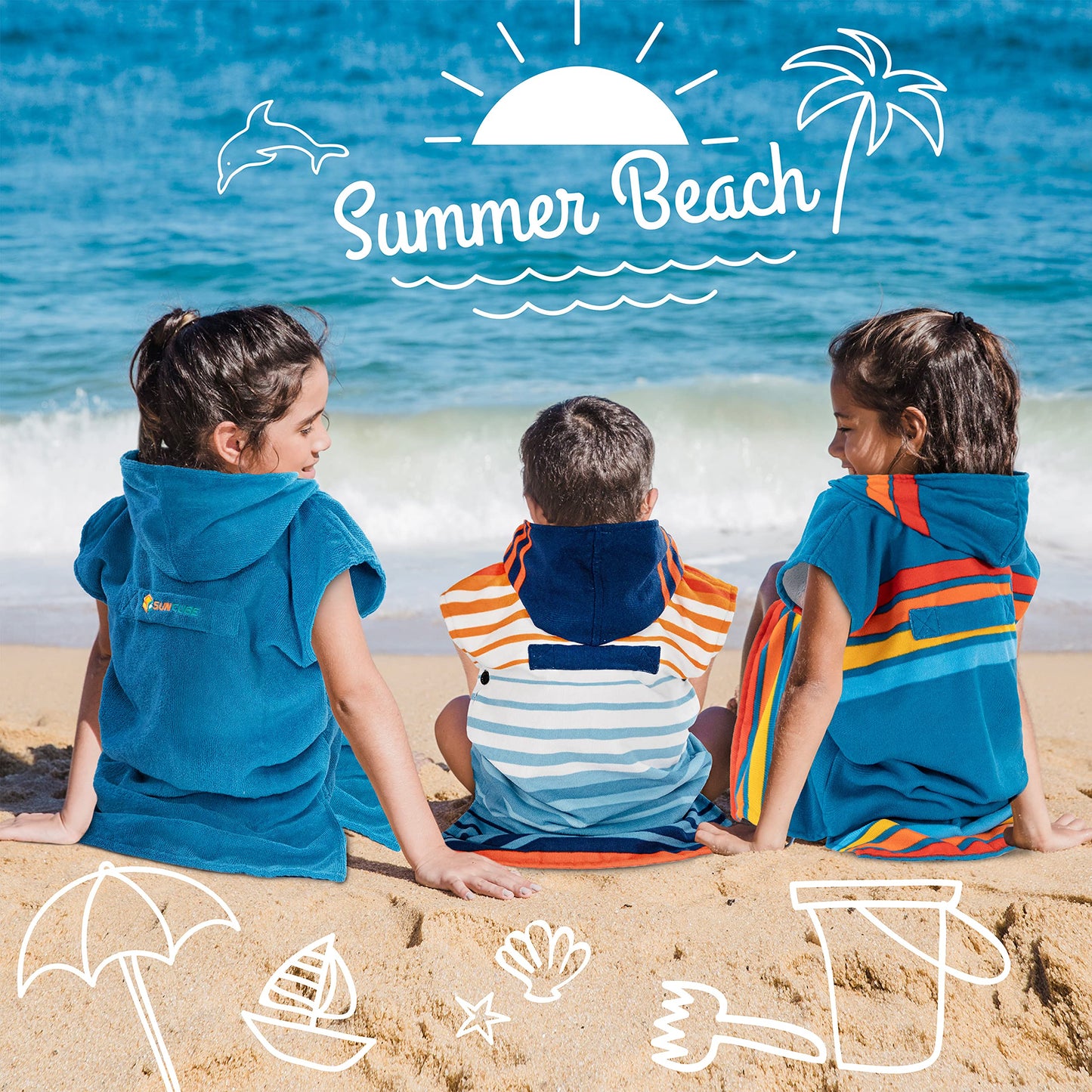 SUN CUBE Kids Changing Robe Surf Poncho, Kids Beach Towels, Hooded Towel for Teens Bath Pool, Microfiber Quick Dry Wearable Towel Poncho with Hood, Swim Towel for Girls 8-12 Years, Orange Stripe