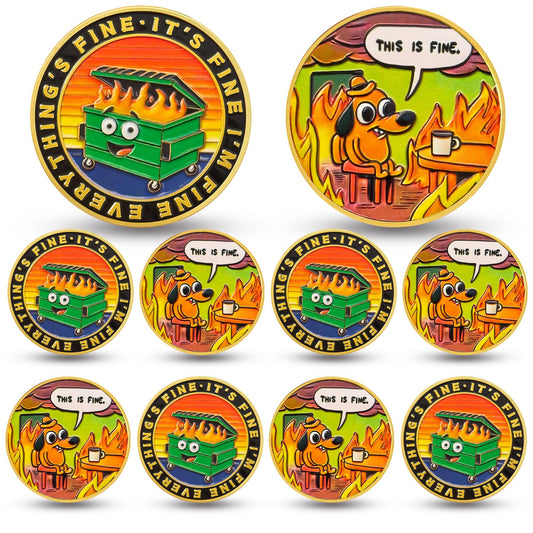 10pcs Colorful Dumpster Fire Challenge Coin - This is Fine Mini Dumpster Fire Coin - Hilarious Funny Desk Accessories for Work - Gold Coworker Go Away Token - Inspirational Gift for Men Women Teacher