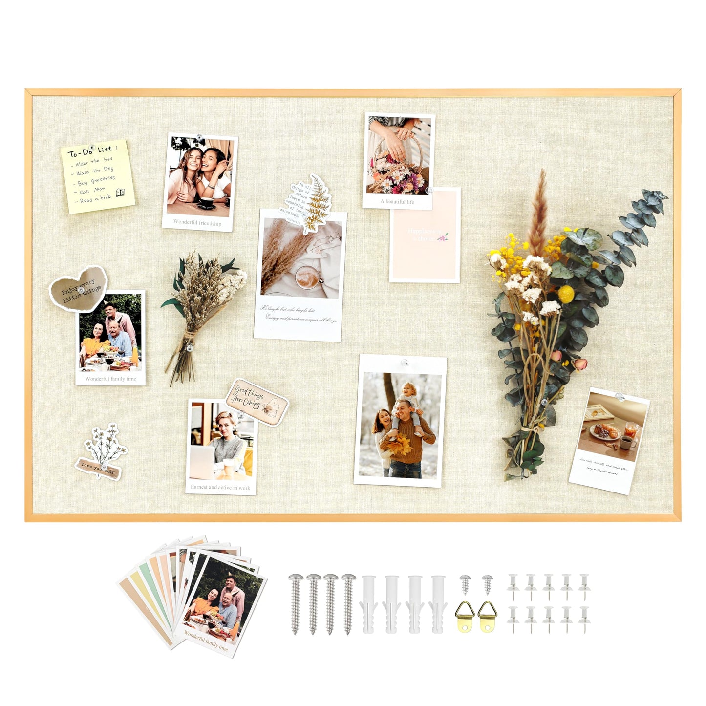 Marribol Pin Board with Linen,30’’x 20’’,Gold Aluminum Framed Vision Board for Home Office School,with 10 Cards,10 Push Pins
