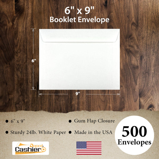 500 Cashier Depot - 6" x 9" Booklet Envelopes, 24 lb White Wove Paper, Gummed Flap, Open Side, 500 Count, Made in USA