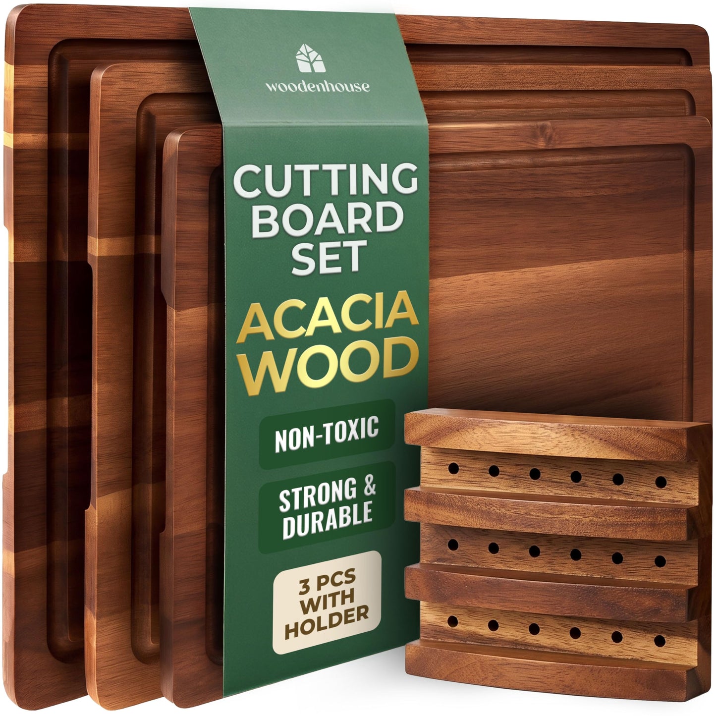 Acacia Wood Cutting Board Set of 3 with Holder, Juice Grooves & Built-in Handles - Durable, Wooden Cutting Boards for Kitchen, Perfect for Chopping, Food Prep and Serving as a Charcuterie