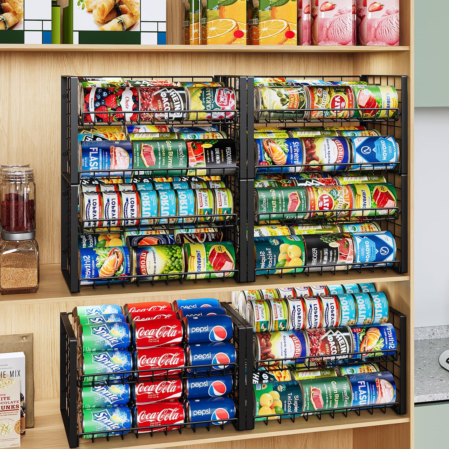 JKsmart 2-Tier Stackable Can Rack Organizer for Pantry, Adjustable Can Dispenser Holds Up to 60 Cans, Can Storage Holder for Various Ounces of Canned Food Soda Drinks, Black, 2 Pack