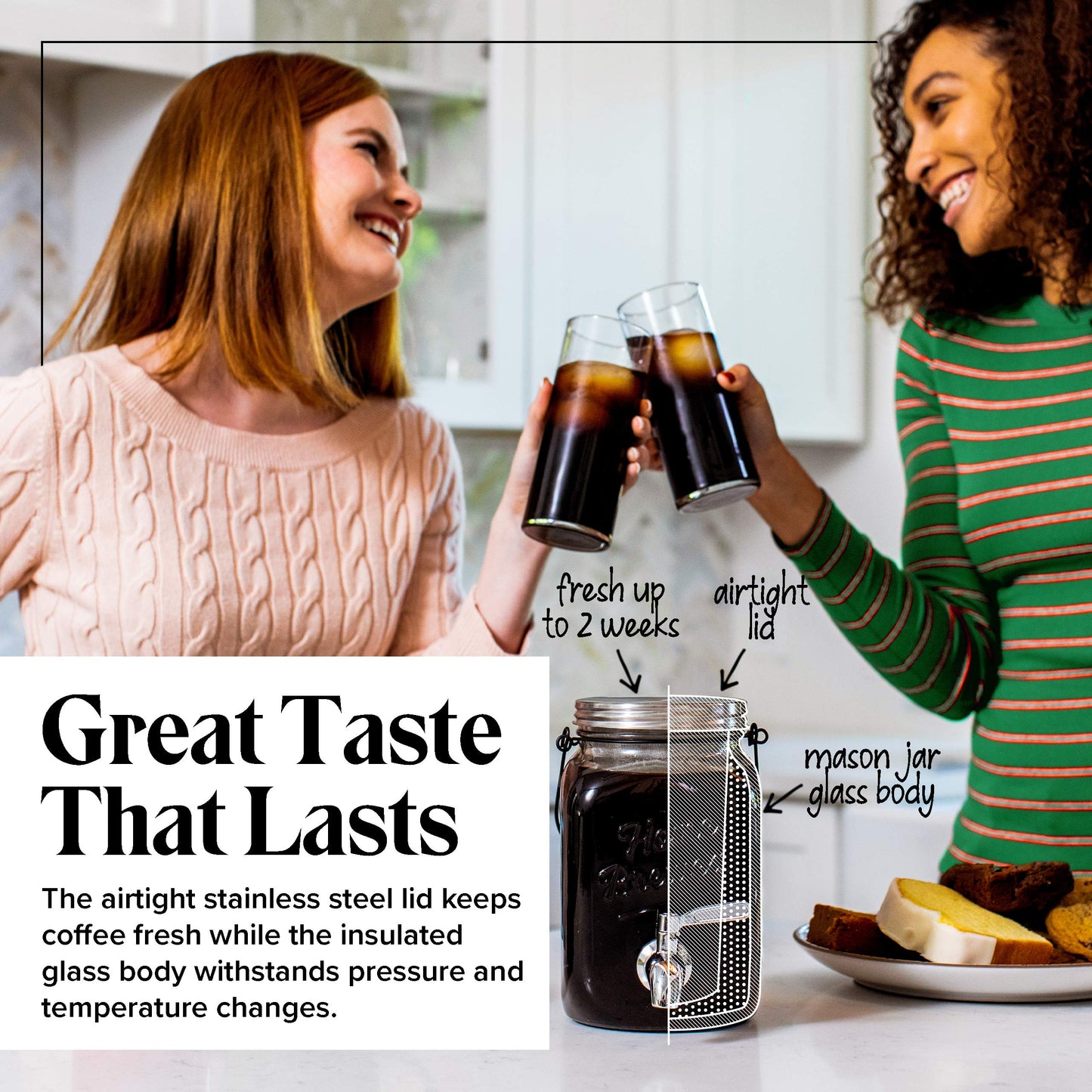 Willow & Everett Cold Brew Coffee & Iced-Tea Maker Pitcher, 2 L Glass Dispenser w/Metal Spigot & Mesh Filter Iced Coffee & Sun Tea Brewing System