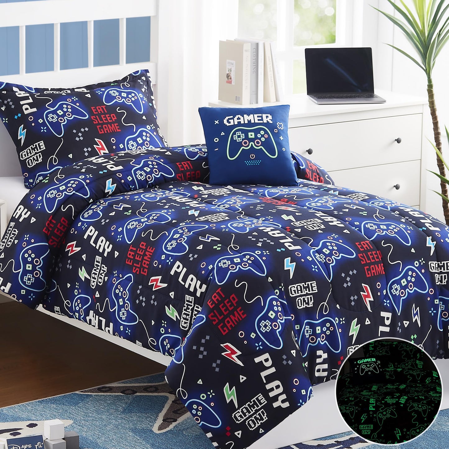 Kaleido Space Kids Comforter Set Full Size for Boys, Glow in The Dark Gamer Bedding Set 1 Comforter, 1 Decor Pillow, 2 Pillow Shams