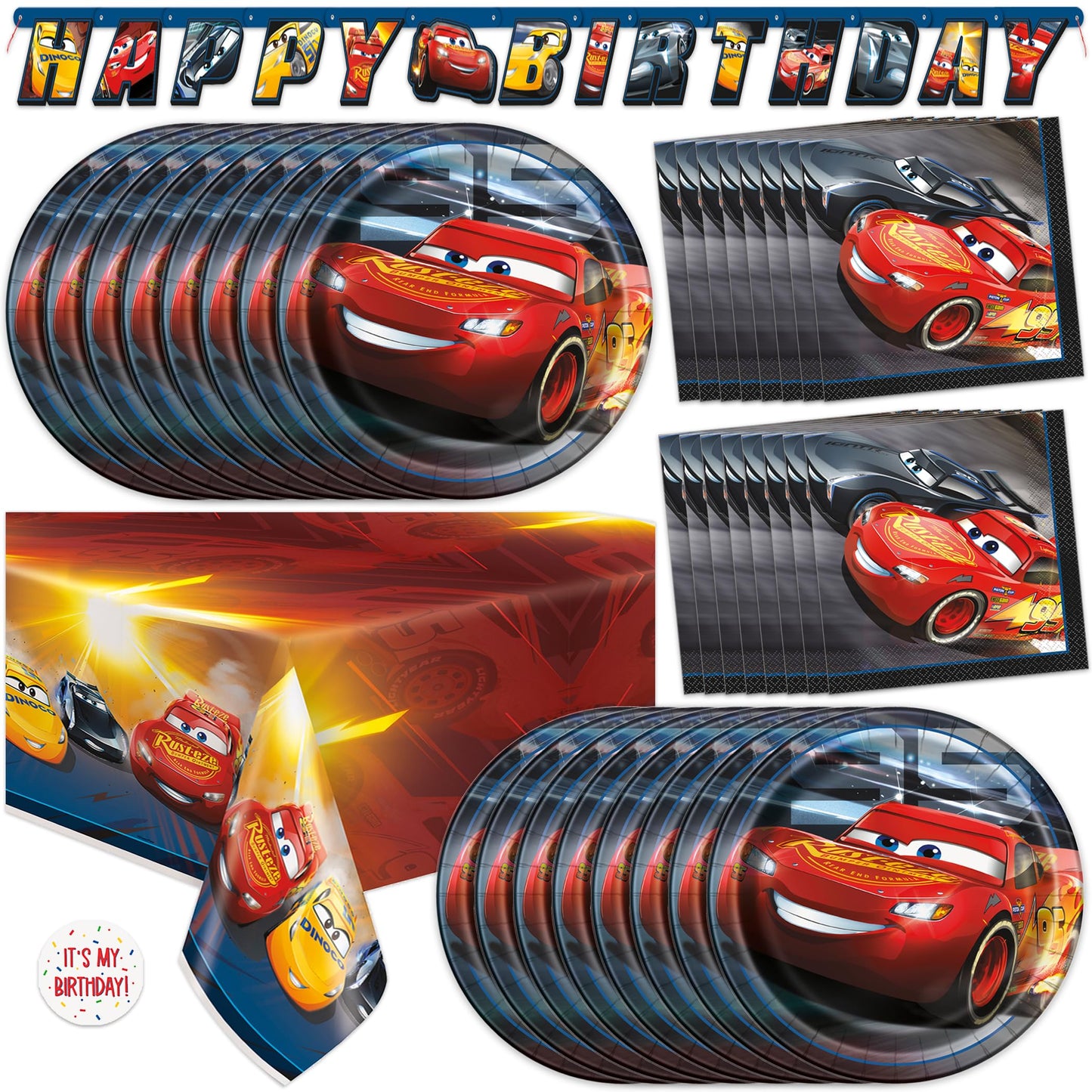 Disney Cars Birthday Decorations | Lightning McQueen Birthday Decorations | Serves 16 | Banner, Tablecloth, Plates, Napkins, Sticker | Officially Licensed