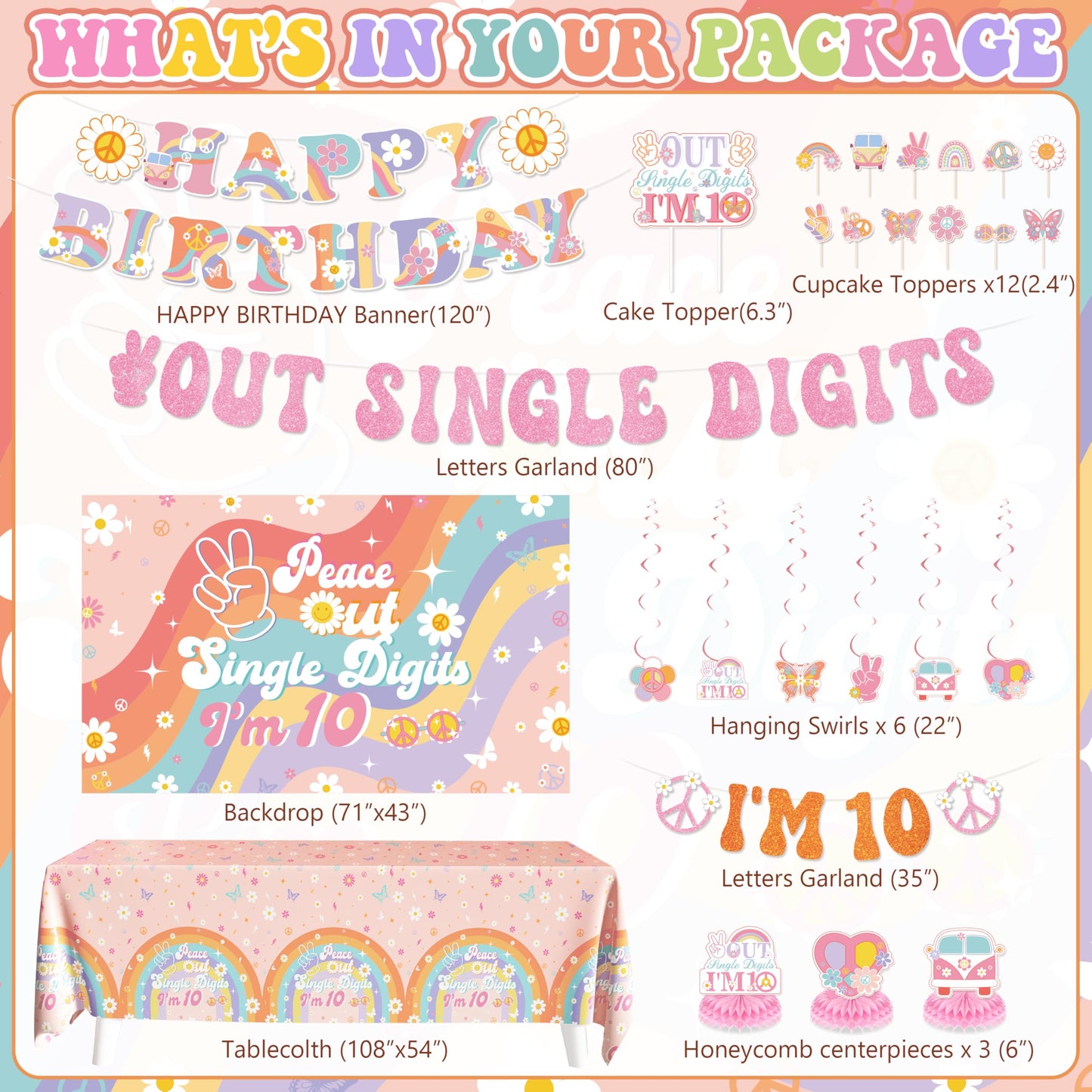 10th Birthday Decorations for Girl, Peace Out Single Digits Party Decor Groovy 10th Birthday Decor Boho I'm 10 Backdrop Banner Tablecloth Cake Topper Honeycomb Centerpieces Hanging Swirls Balloons Set