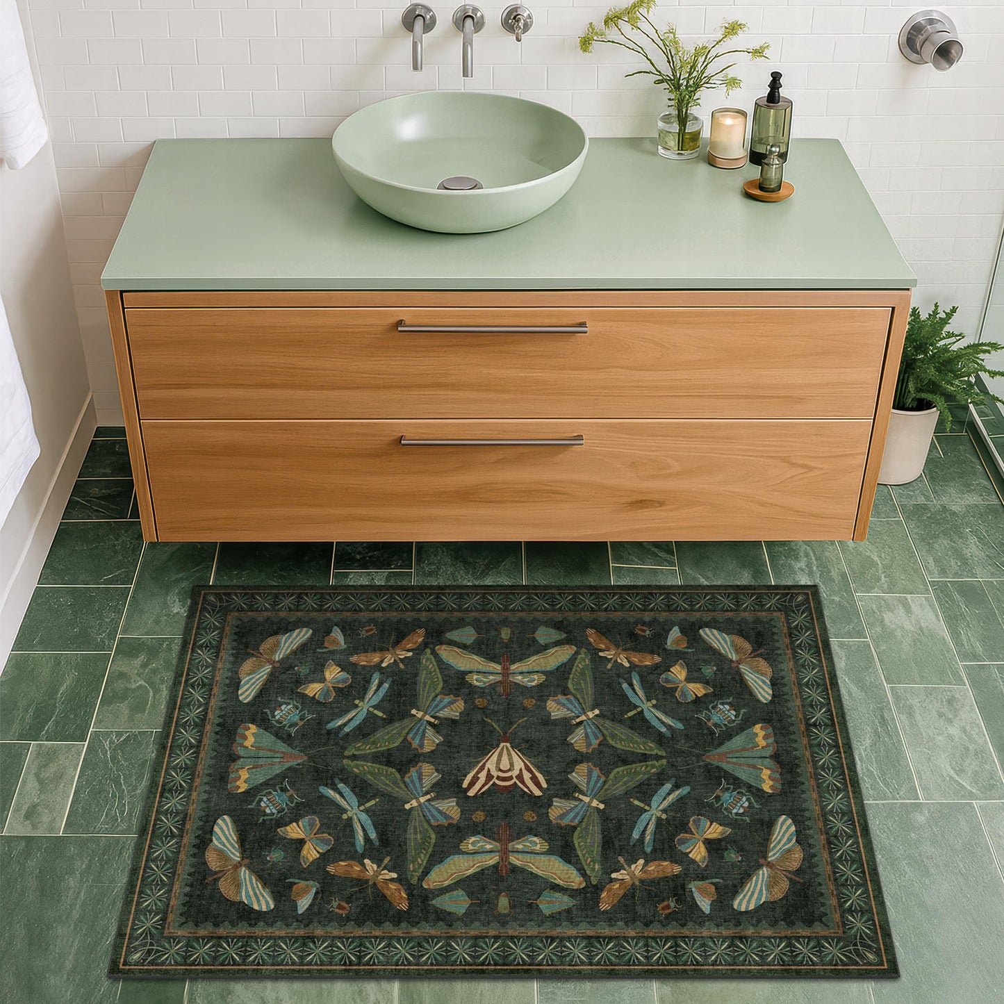 Hazo Haus 2x3 Entry Way Rugs Indoor - Dark Green Small Throw Rug for Kitchen, Bathroom, Insect Boho Design, Washable Non Slip Stain Resistant
