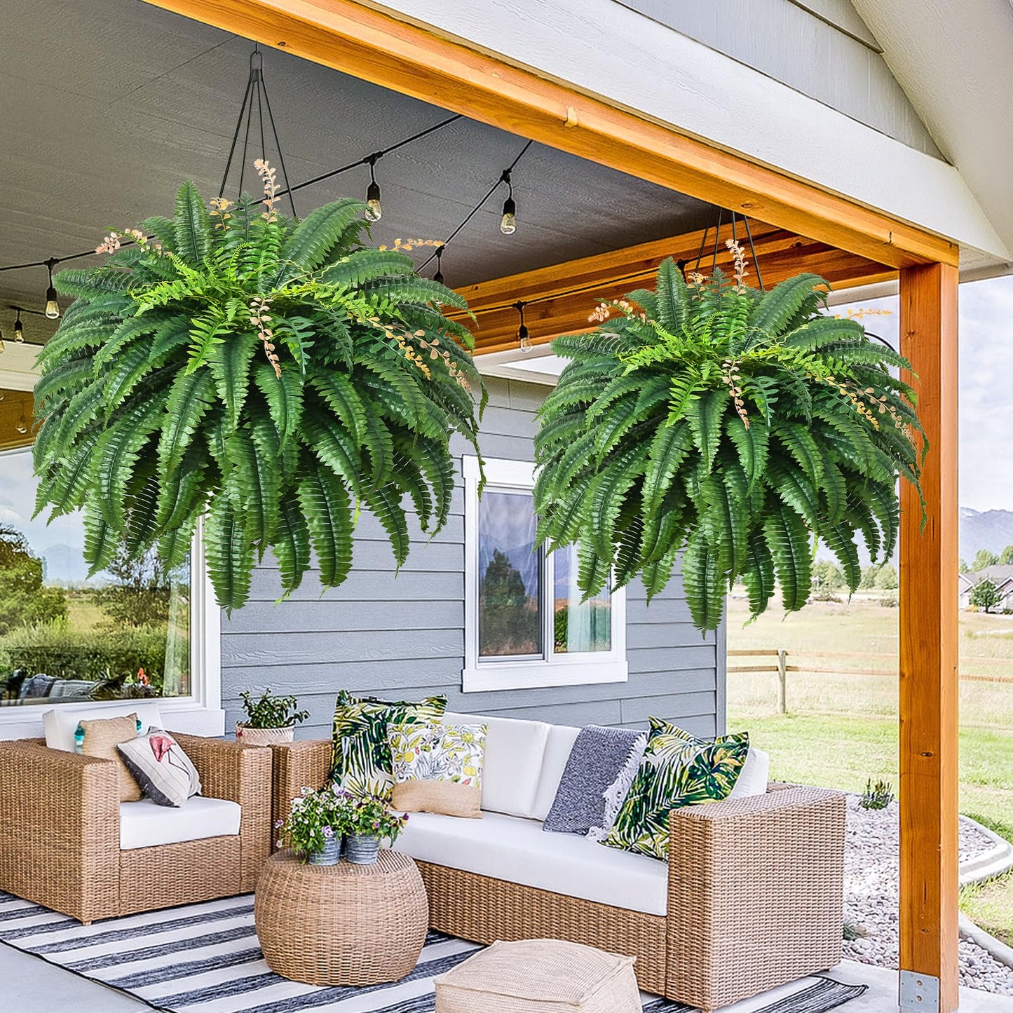 MARTINE MALL 48 inch 128 Leaves Artificial Ferns for Outdoors Look Real Fake Ferns, Large Faux Boston Ferns for Outdoor Planter Realistic UV Resistant Artificial Fake Plants for Porch Patio Hanging