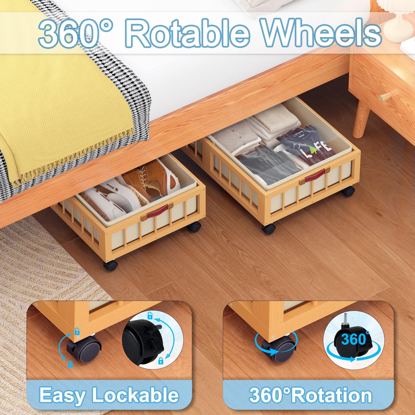 efluky 2-Pack Bamboo Under Bed Storage Containers with Wheels, Under Bed Clothes Storage Basket with Large Dust Bag, Rolling UnderBed Storage for Bedroom, Dorm and Basement, Nature