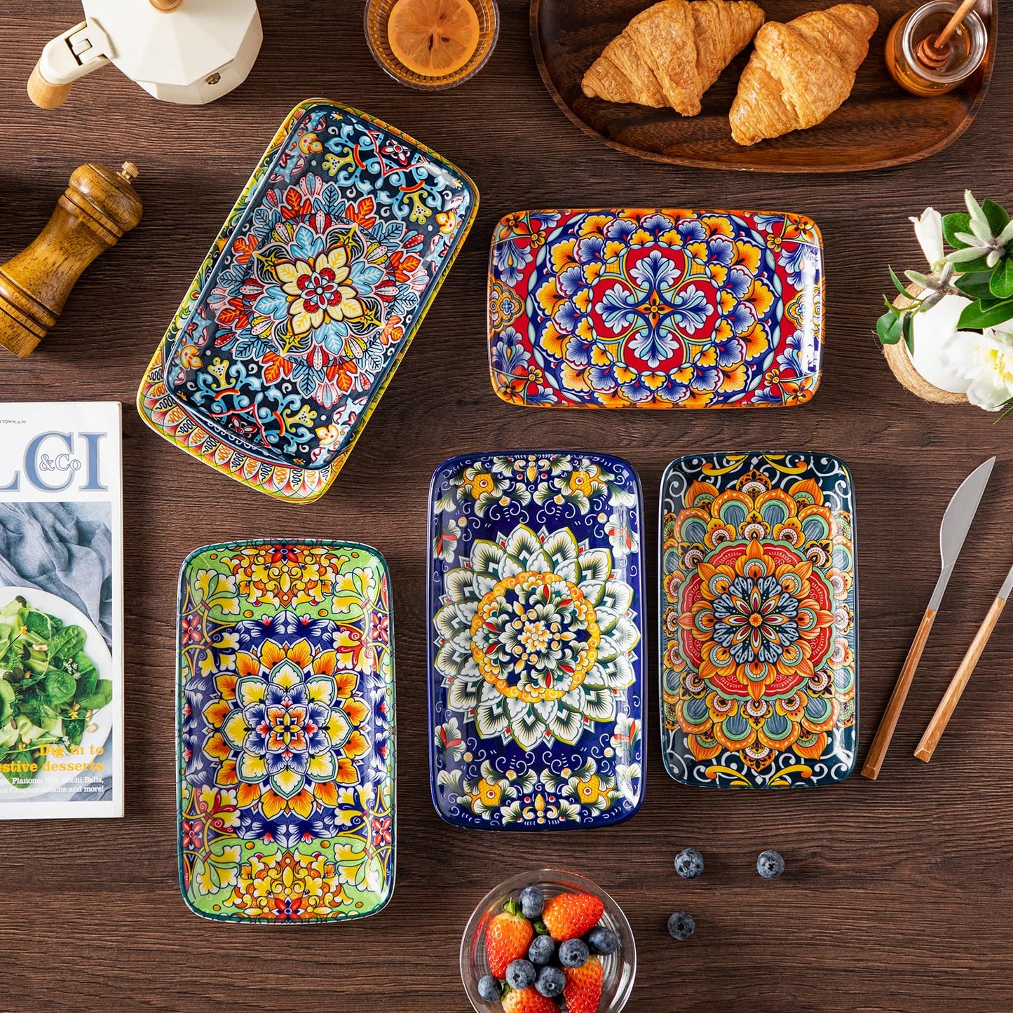 vancasso Simi 9.5 Inch Rectangular Dinner Plates Set of 6 - Bohemian Floral Design in 6 Vibrant Colors, Microwave & Dishwasher Safe Porcelain Plates for Salad, Appetizers, Entertaining