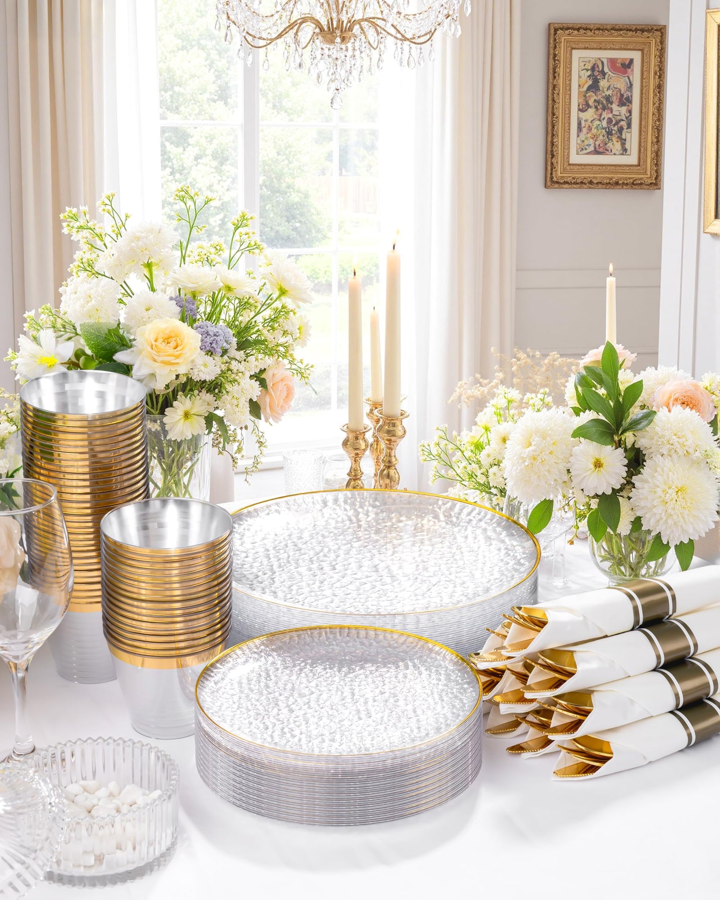 Hioasis 175pcs Clear Gold Plastic Plates - Clear Plastic Dinnerware Set Includes 25 Dinner Plate, 25 Dessert Plate, 25 Cups, 25 Napkins Perfect for Wedding & Party & Wedding