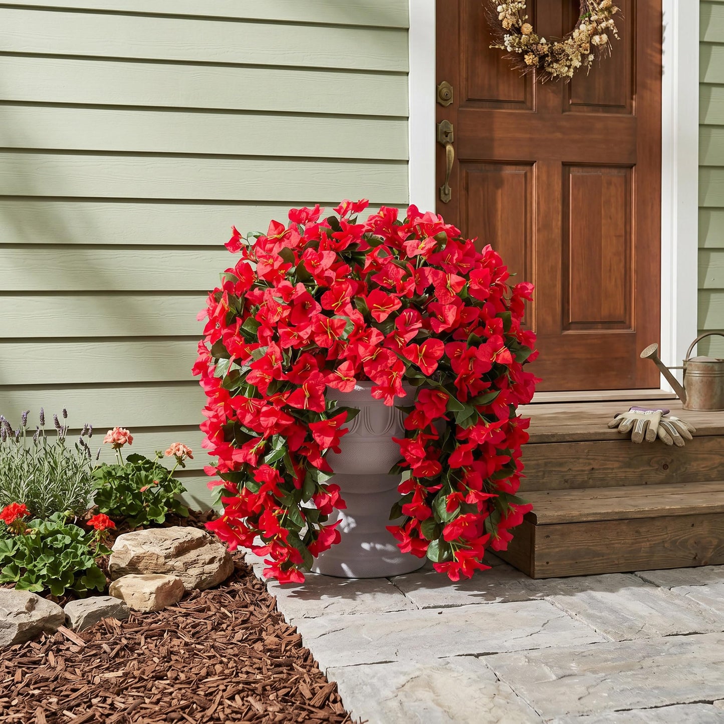 Faux Bougainvillea Artificial Flowers Plants for Outdoor Outside Decoration, 2 PCS Red Fake Flowers UV Resistant Look Real Silk Long Trailing Vines for Front Door Porch Planter Urn Patio Garden Yard