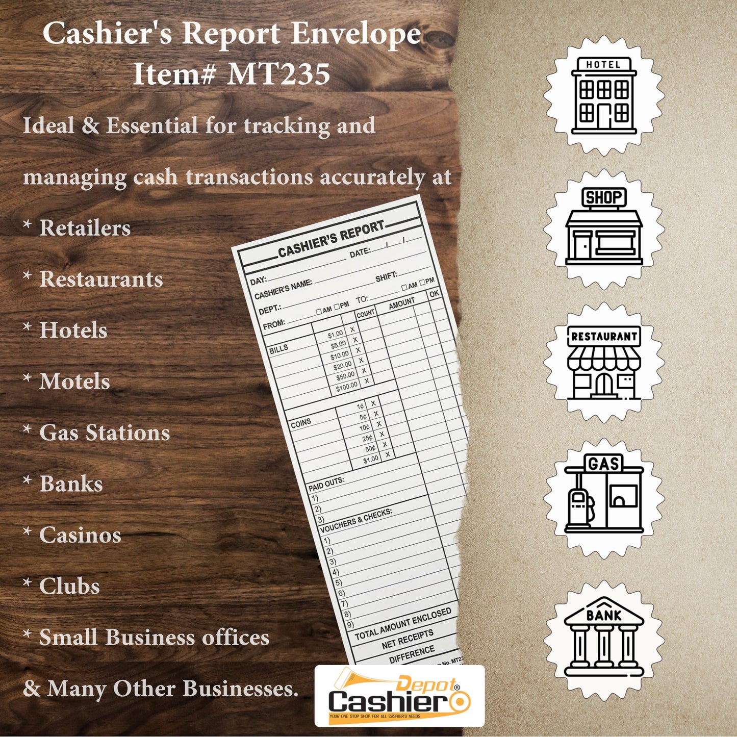 500 Cashier Depot - Cashier’s Report Envelopes MT235 – 4 1/2" x 10 3/8", White 24lb Paper, Cash Deposit Report, Money Envelopes for Retail, Restaurants, Hotels, Small Business, Gum Flap, 500 Count