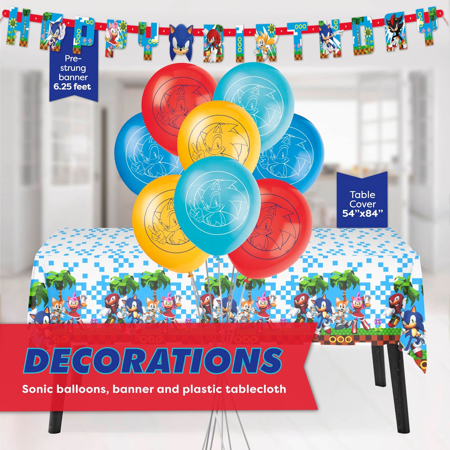 Sonic Birthday Party Decorations | Serves 16 Guests | Balloons, Banner, Tablecloth, Plates, Napkins, Sticker | Officially Licensed