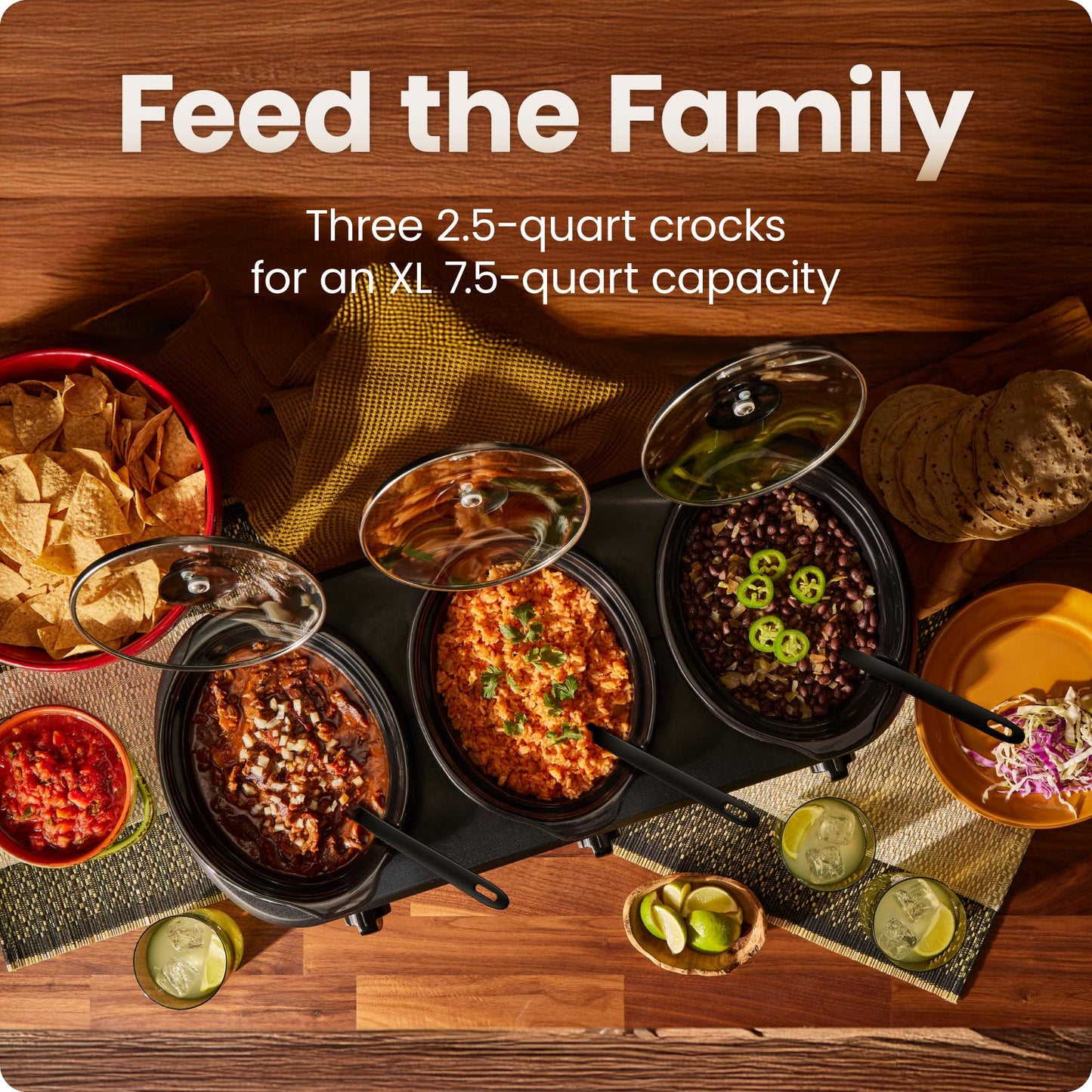 Chefman Triple Slow Cooker & Food Warmer, Three Crock Slowcooker with 2.5 Qt. Ceramic Crocks, 7.5-Quart Total Capacity, PFAS-Free, Three Temperature Settings, Dishwasher-Safe Parts – Stainless Steel