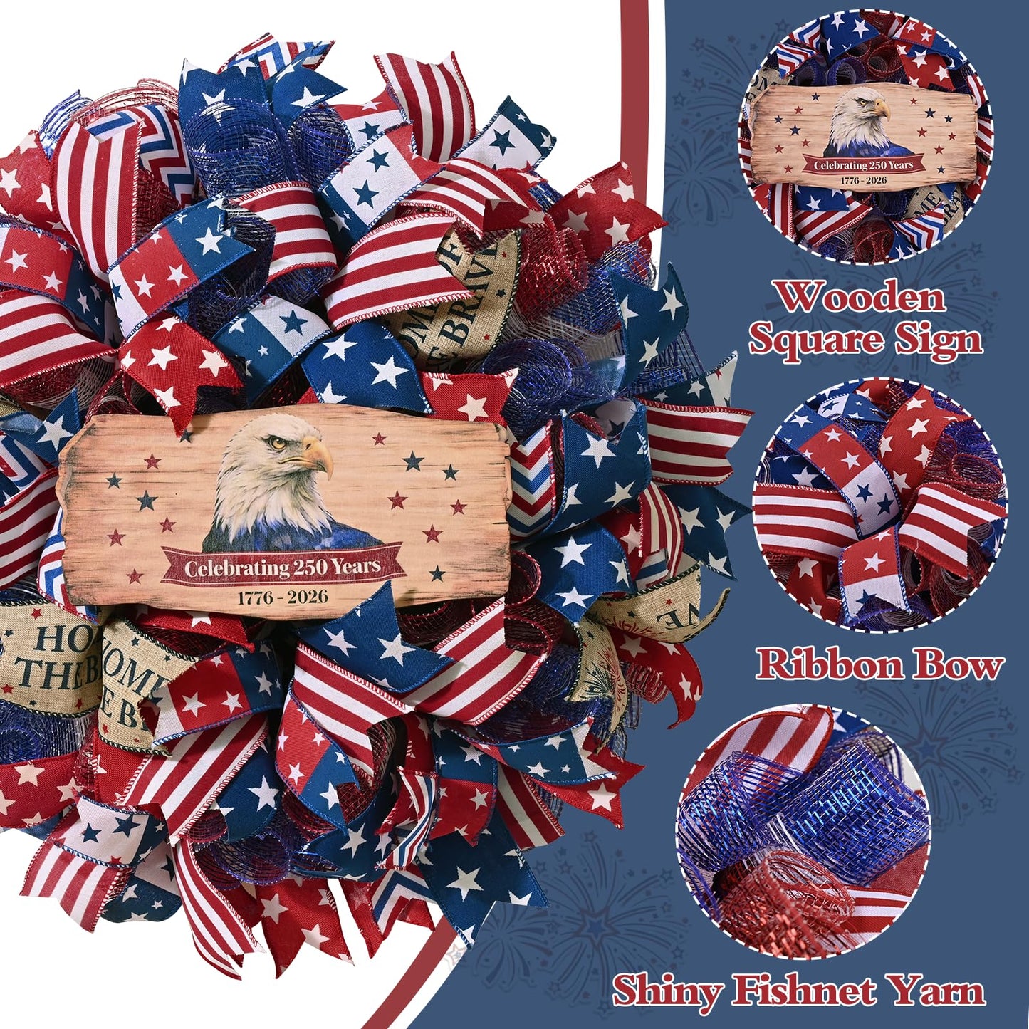 250th Anniversary Patriotic Wreath, 4th of July Wreaths for Front Door with Wooden Eagle Door Sign & Red White Blue Ribbon for Independence Day Memorial Day Patriotic Decorations(18In, 1Pcs)