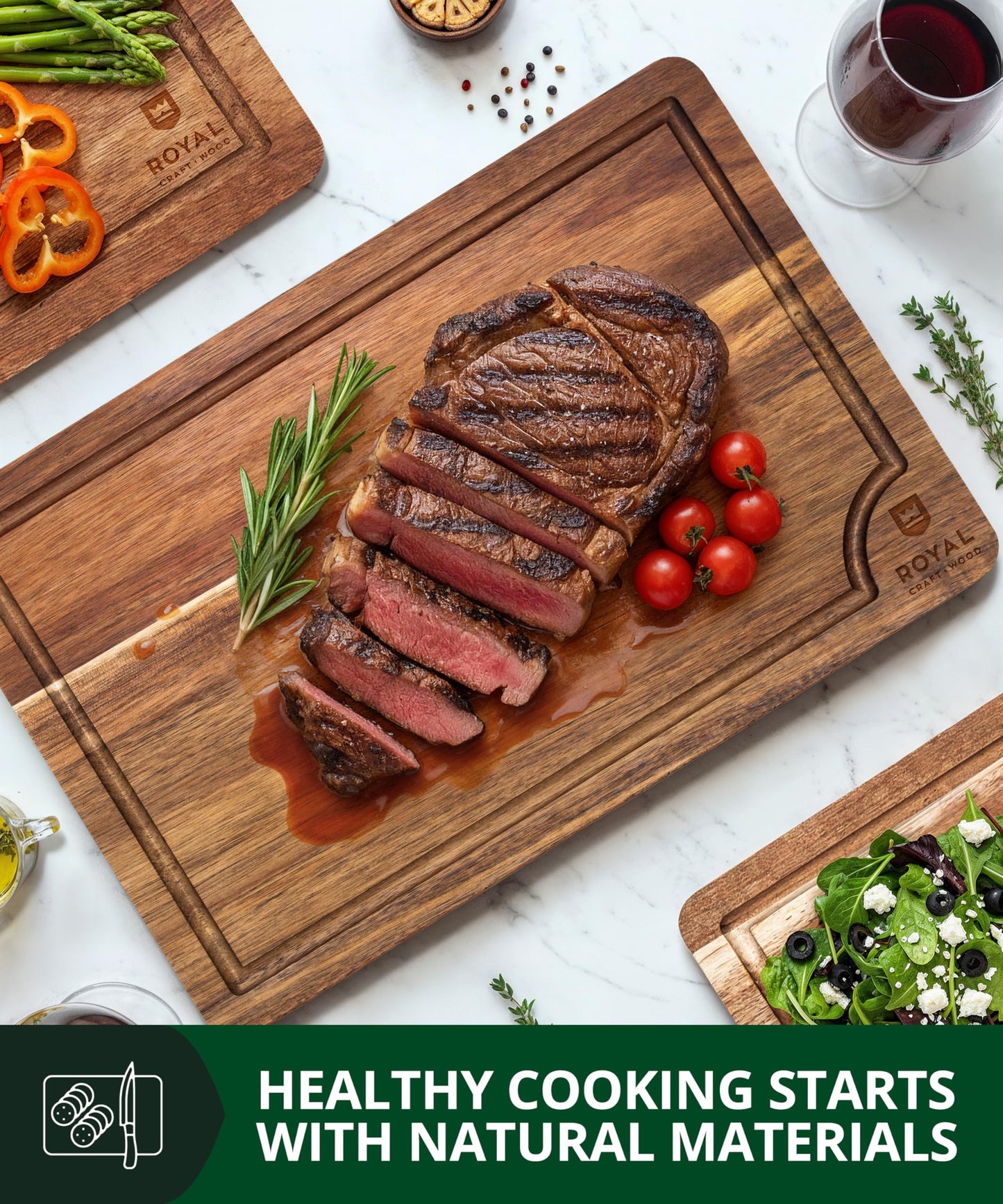 ROYAL CRAFT WOOD Wooden Cutting Boards for Kitchen Meal Prep & Serving - Bamboo Wood Serving Board Set with Deep Juice Groove Side Handles - Charcuterie & Chopping Butcher Block for Meat