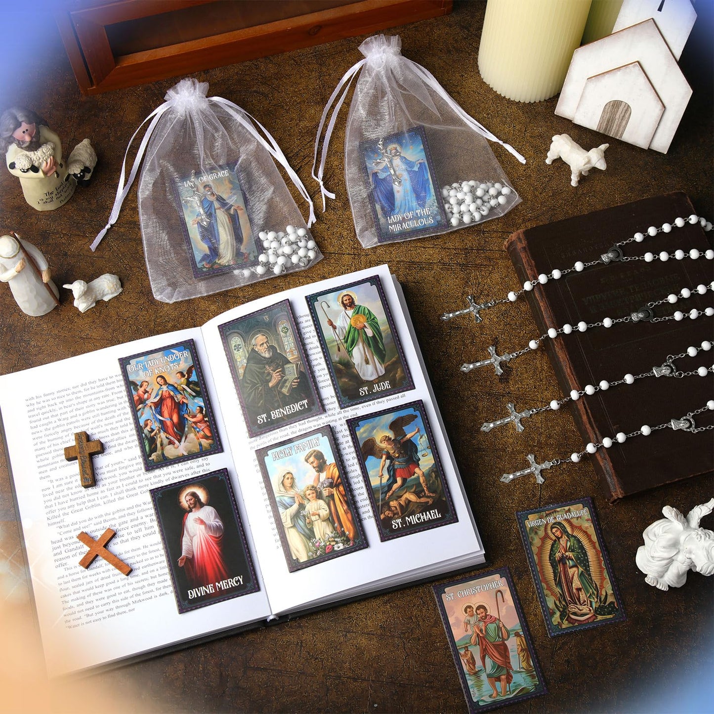 Sayglossy 10/20/30 Set Catholic Religious Gifts Set Rosary Christian Cross Necklace with Saint Prayer Cards & Organza Bags - Bulk First Communion, Baptism, Confirmation, Lent Favors(Bead,Ivory,30)