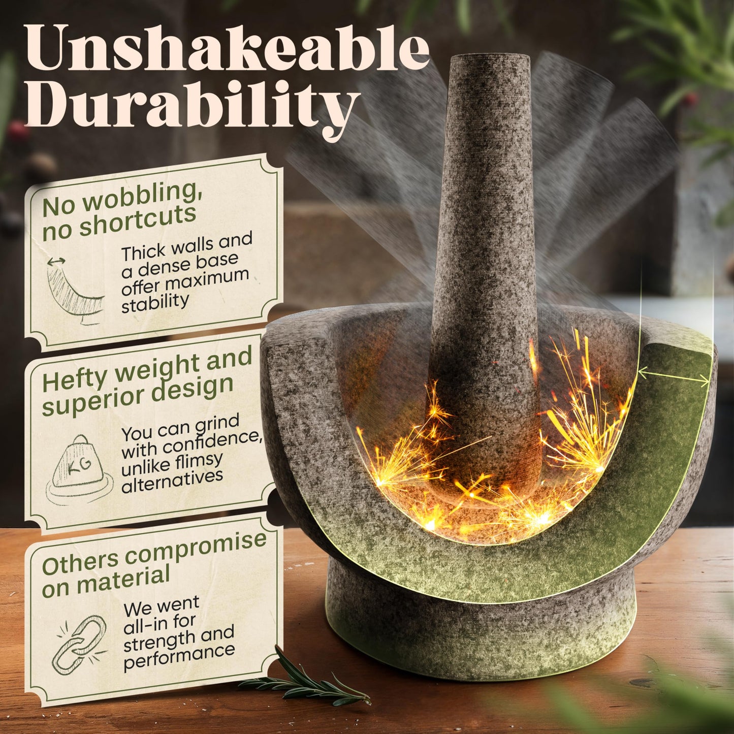 ChefSofi 3.5 Cup-Capacity Mortar and Pestle Set - Unpolished Heavy Granite for Enhanced Performance and Organic Appearance