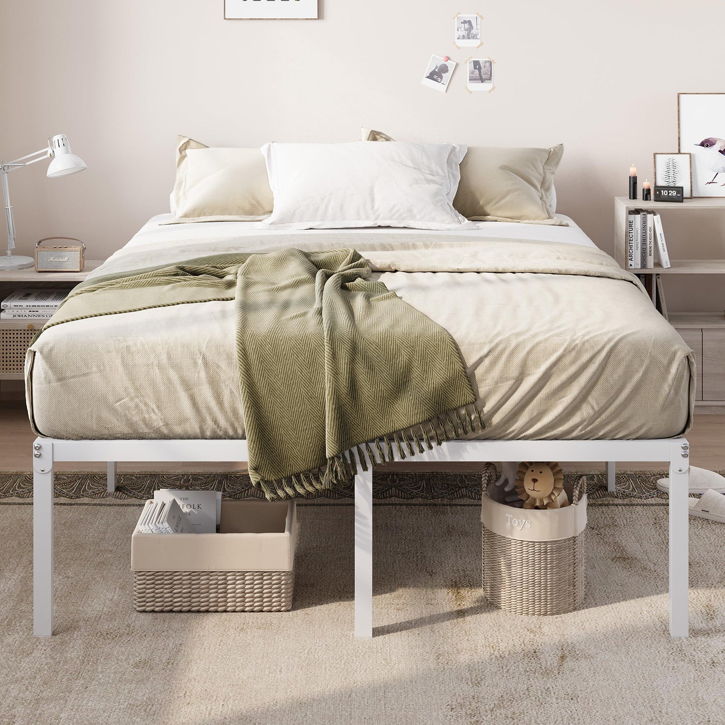 Allewie Full Size Bed Frame, 18 Inch Metal Platform Beds with Storage Space, No Box Spring Needed and Easy Assembly, White