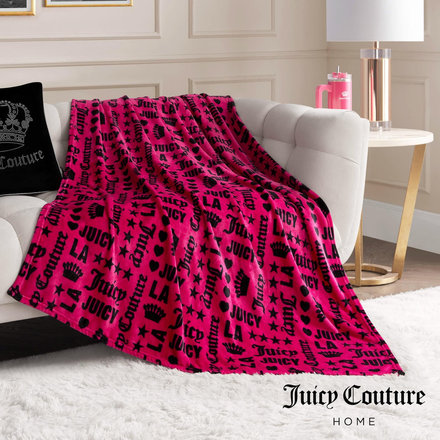 Juicy Couture Luxurious Throw Blanket for Couch - 50” x 70” Inches - Crown Royal Blanket - Plush & Cozy Throw Blanket - Decorative Blankets for Sofas, Throws for Chairs, and Beds – Hot Pink/Black