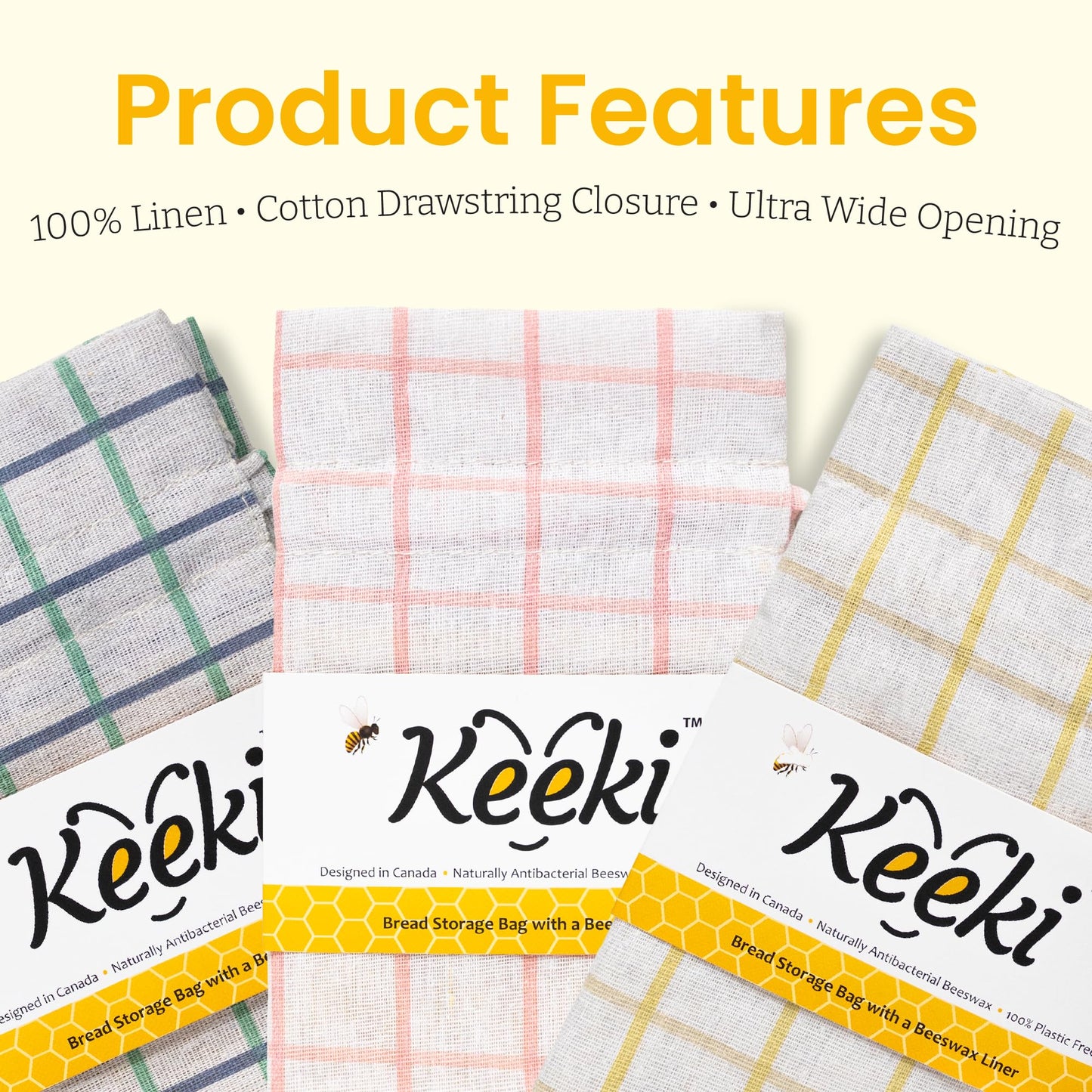 Keeki Bag - The Original Beeswax Lined Bread Bag for Homemade & Sourdough | Reusable Linen Bread Storage | Beeswax Wrap Alternative | Plastic-Free Storage w/Wide Drawstring Closure (Yellow)